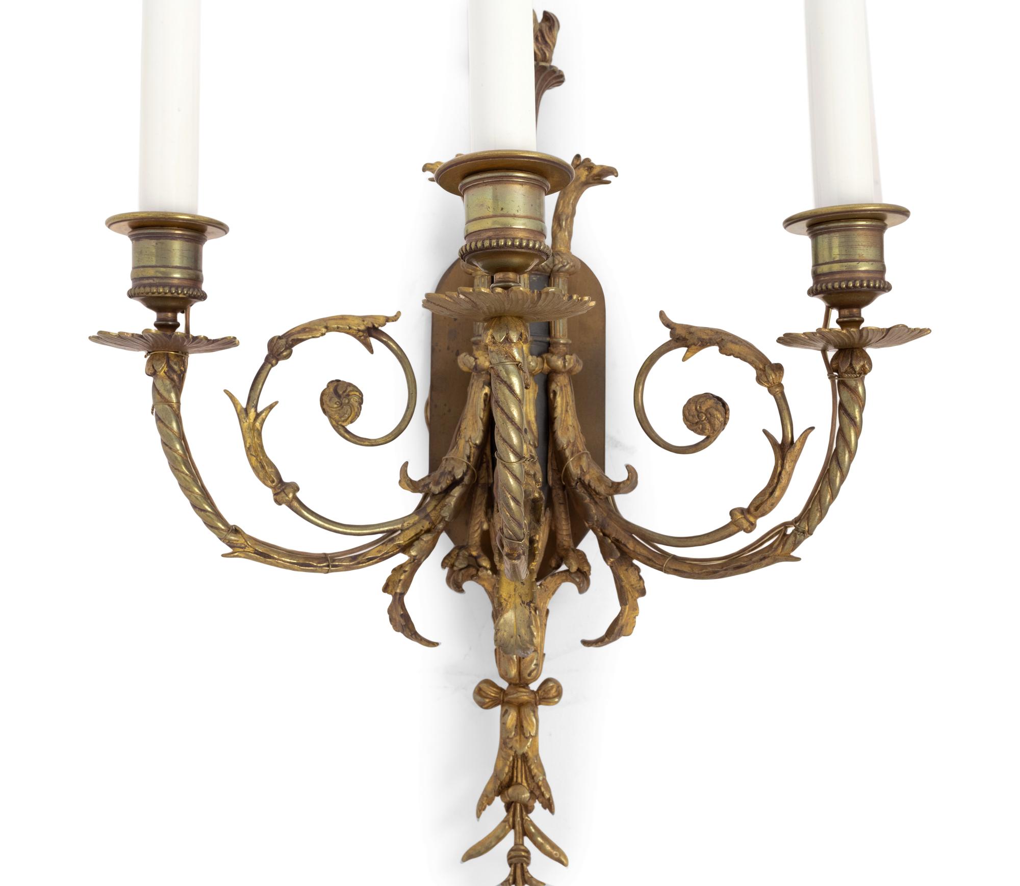 A Pair of Louis XVI Style Gilt Bronze Three-Light Sconces