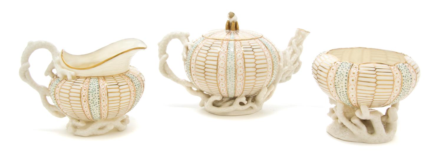 A Belleek Echinus Tea Service, Height of teapot 4 3/8 inches.