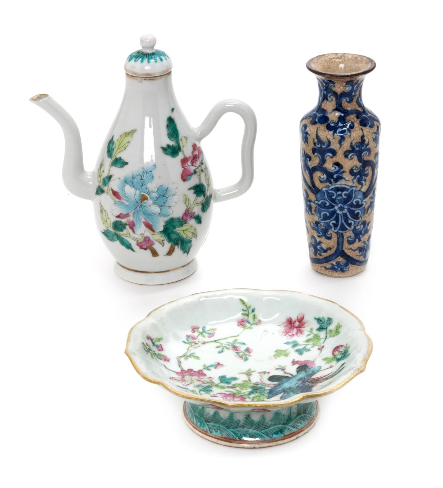 Three Chinese Porcelain Articles Height of teapot 5 3/4 inches. — 19TH CENTURY