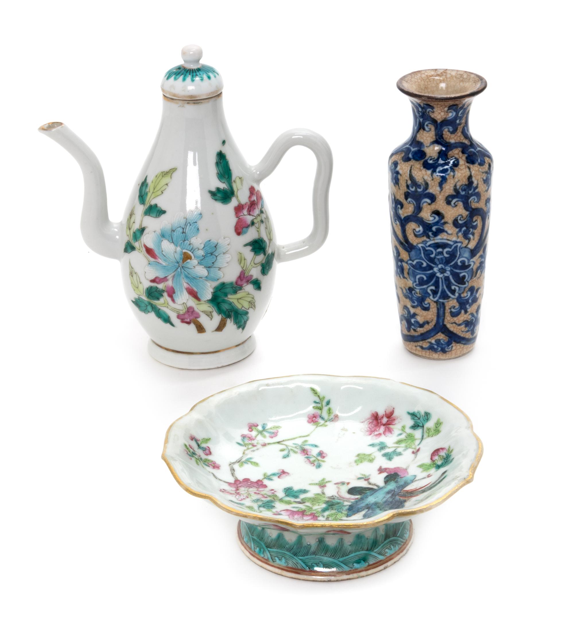 Three Chinese Porcelain Articles Height of teapot 5 3/4 inches. — 19TH CENTURY