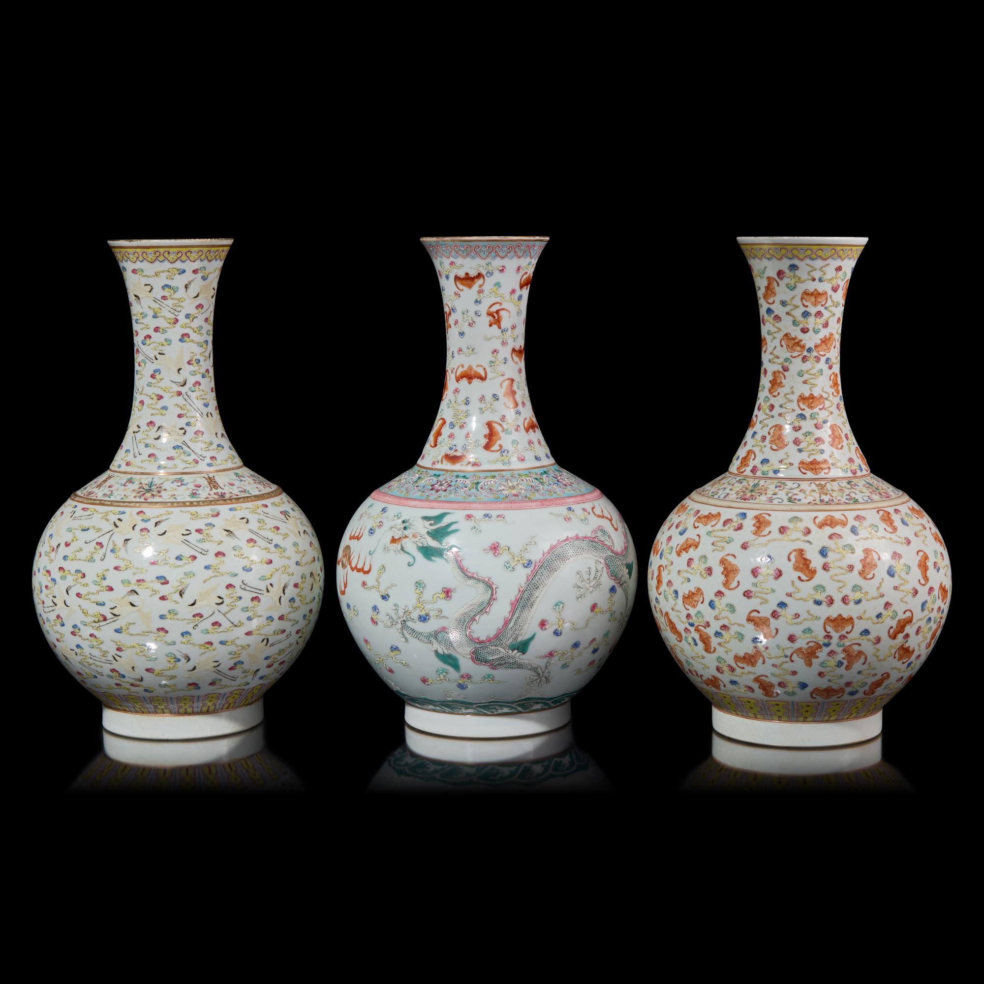 Three Chinese Famille Rose Enameled Porcelain Vases 粉彩瓷瓶三件