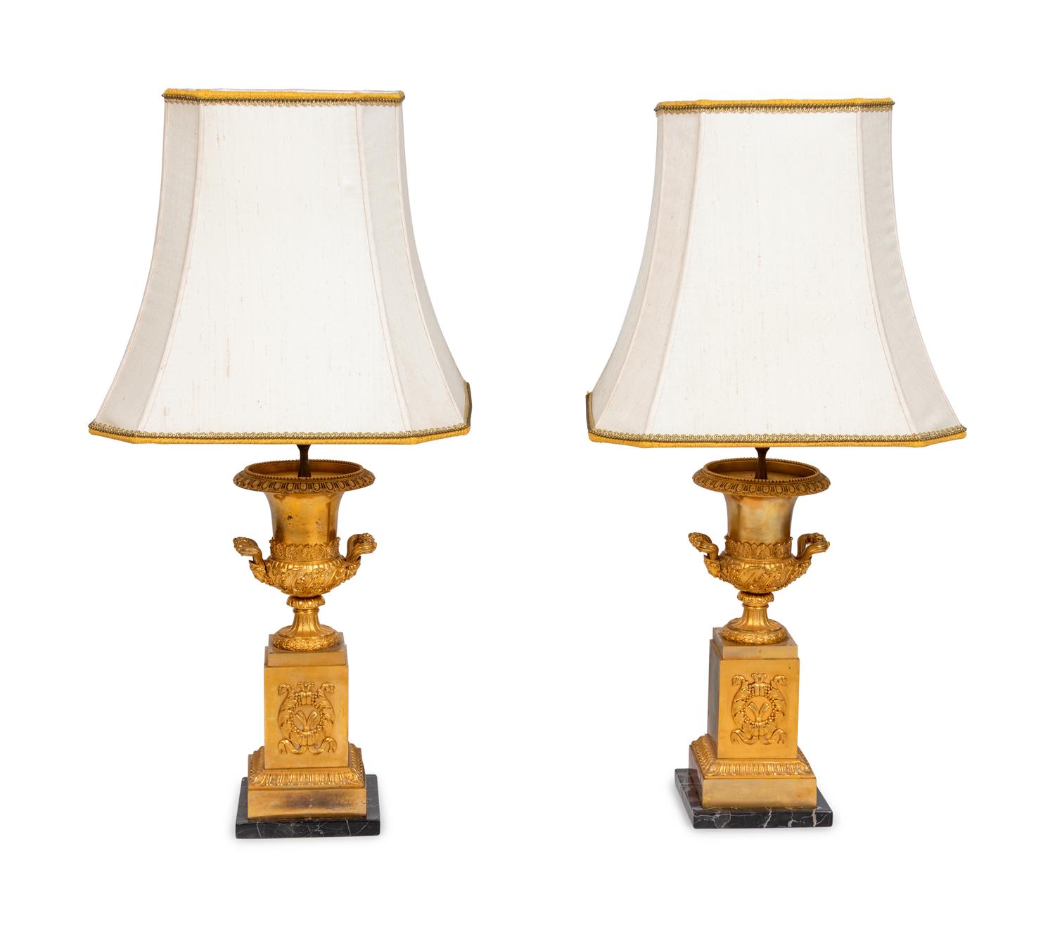 A Pair of Empire Style Gilt-Bronze Urns Mounted as Lamps