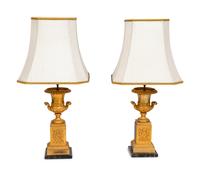 A Pair of Empire Style Gilt-Bronze Urns Mounted as Lamps