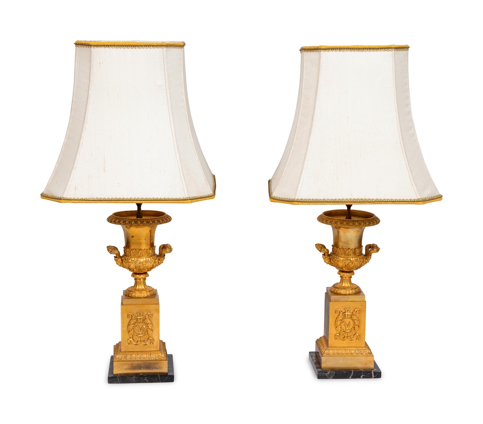 A Pair of Empire Style Gilt-Bronze Urns Mounted as Lamps