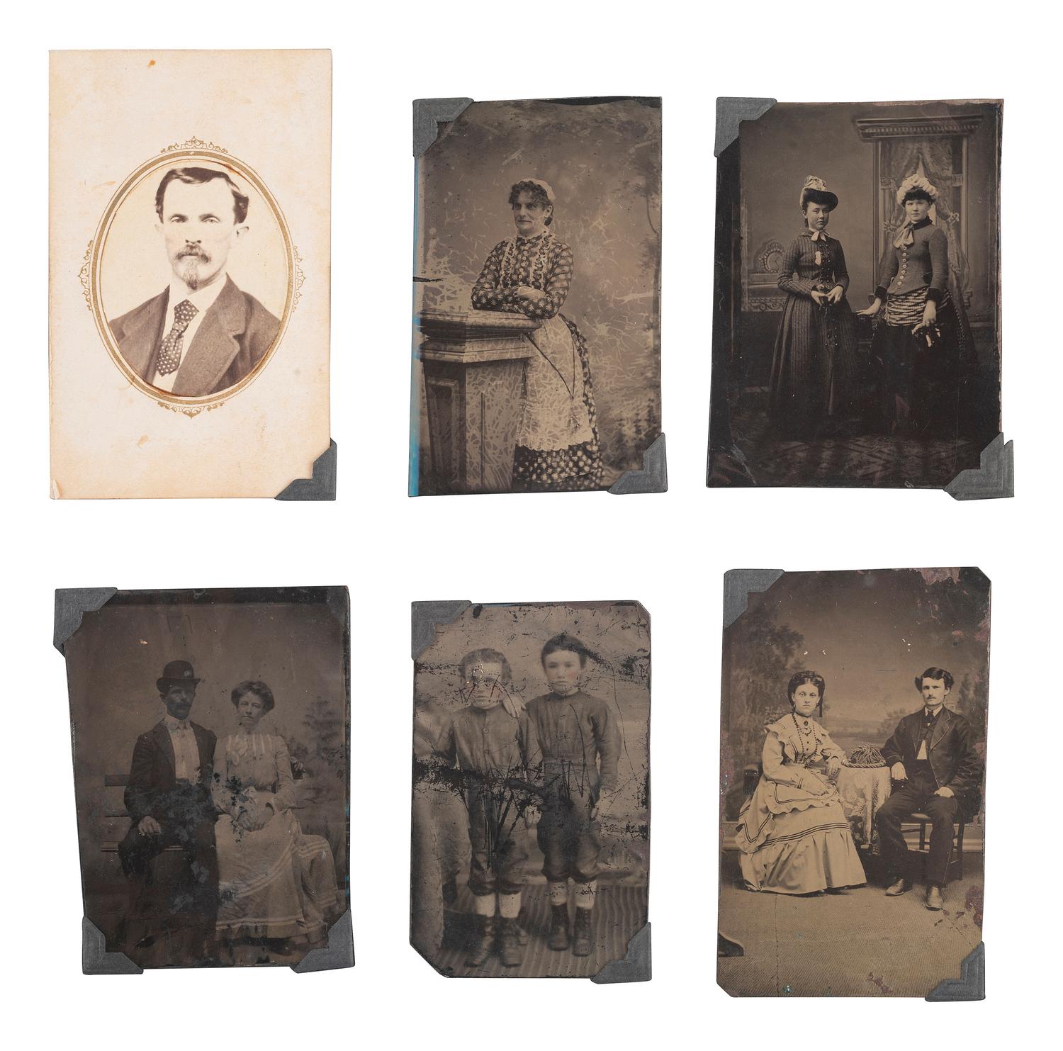 [EARLY PHOTOGRAPHY]. 8 photographs, incl. whole plate tintype of horse-drawn buggy near large home.