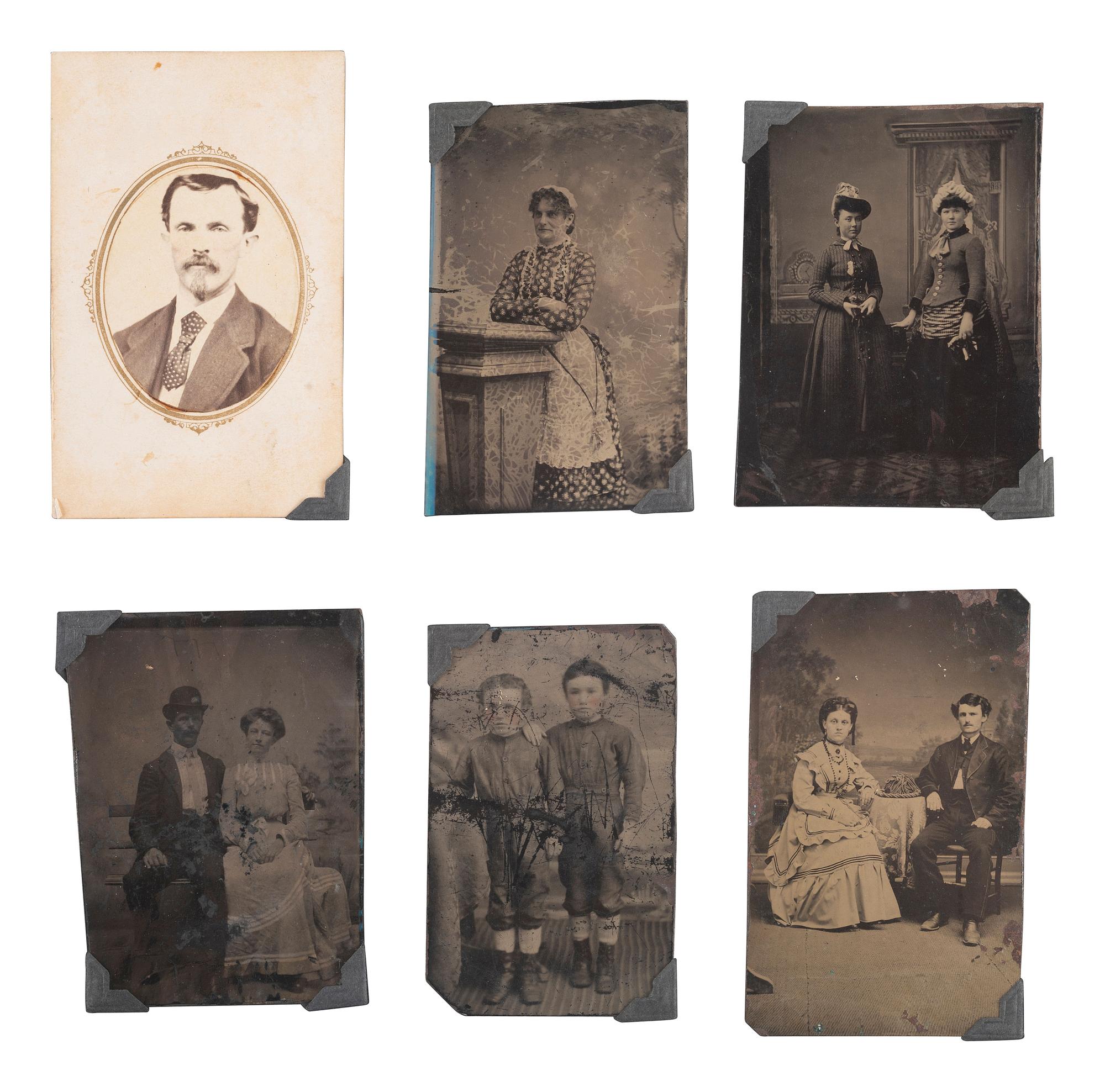 [EARLY PHOTOGRAPHY]. 8 photographs, incl. whole plate tintype of horse-drawn buggy near large home.