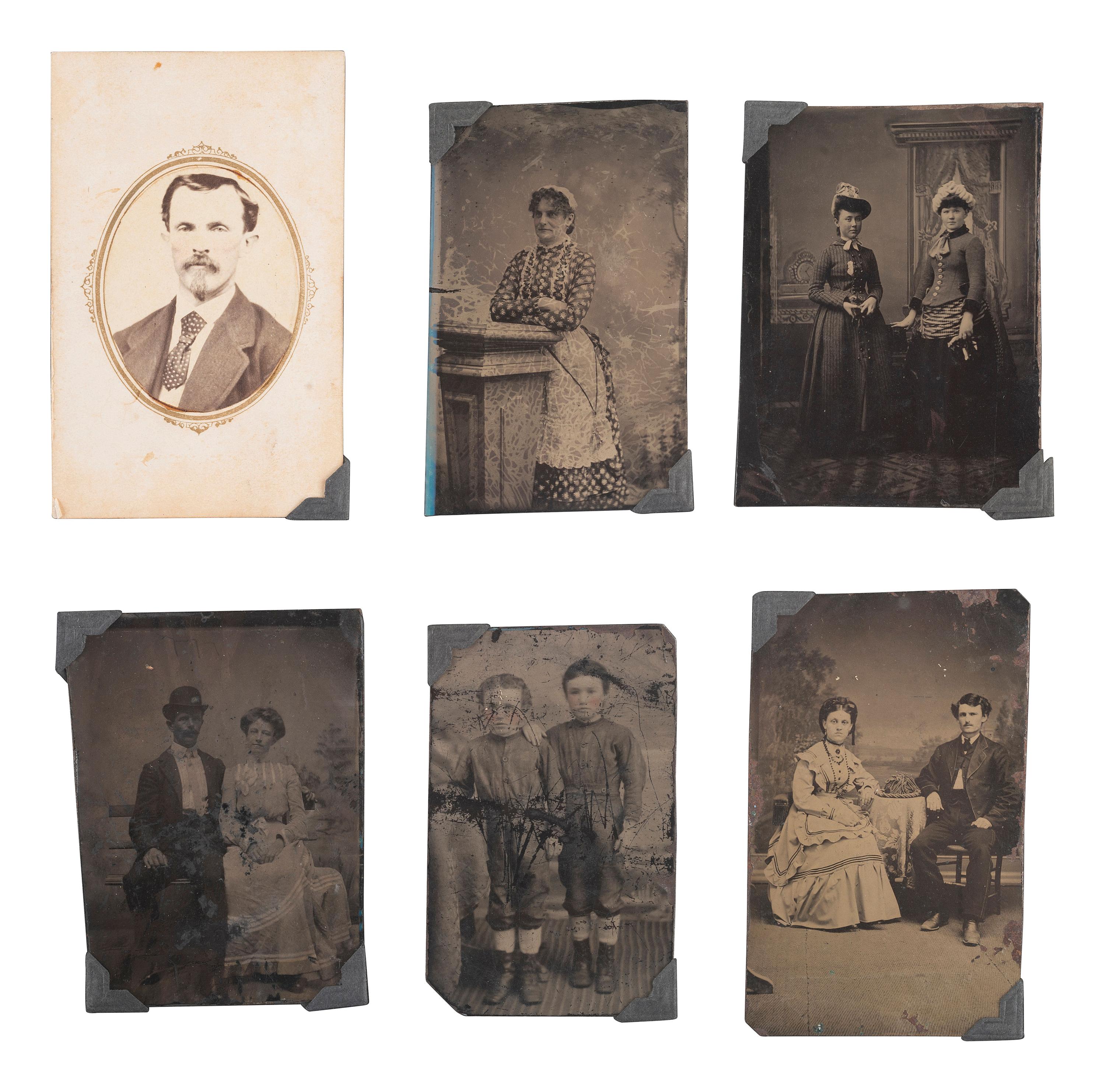 [EARLY PHOTOGRAPHY]. 8 photographs, incl. whole plate tintype of horse-drawn buggy near large home.