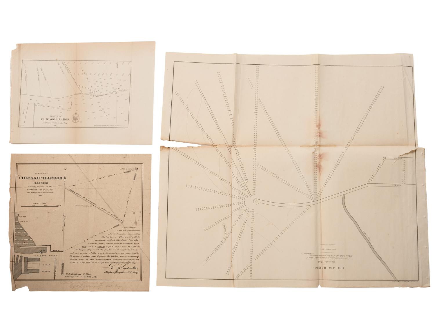 [MAPS & ATLASES -- CHICAGO]. A group of 13 maps depicting the Chicago River and Chicago Harbor, comprising: