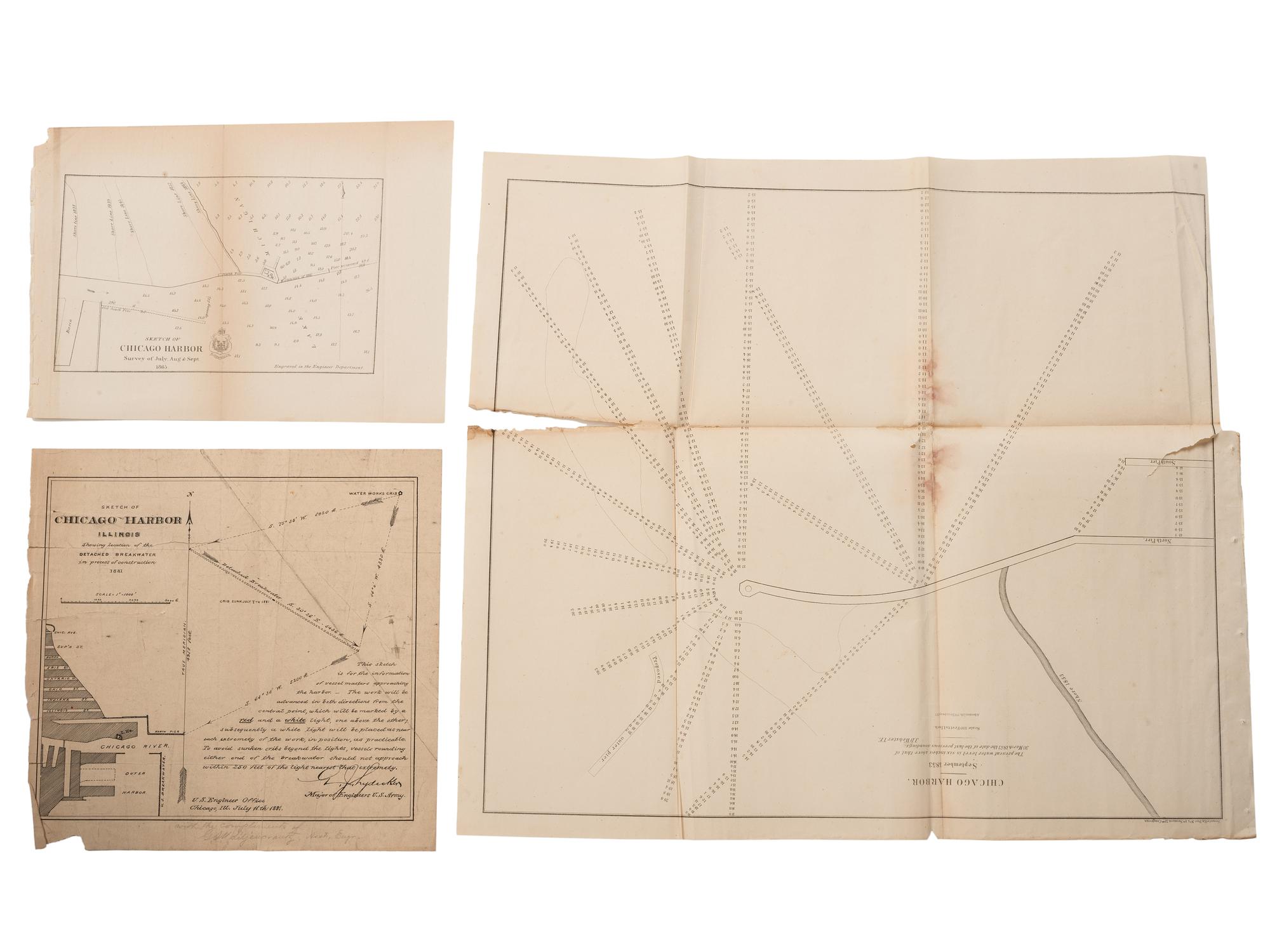 [MAPS & ATLASES -- CHICAGO]. A group of 13 maps depicting the Chicago River and Chicago Harbor, comprising: