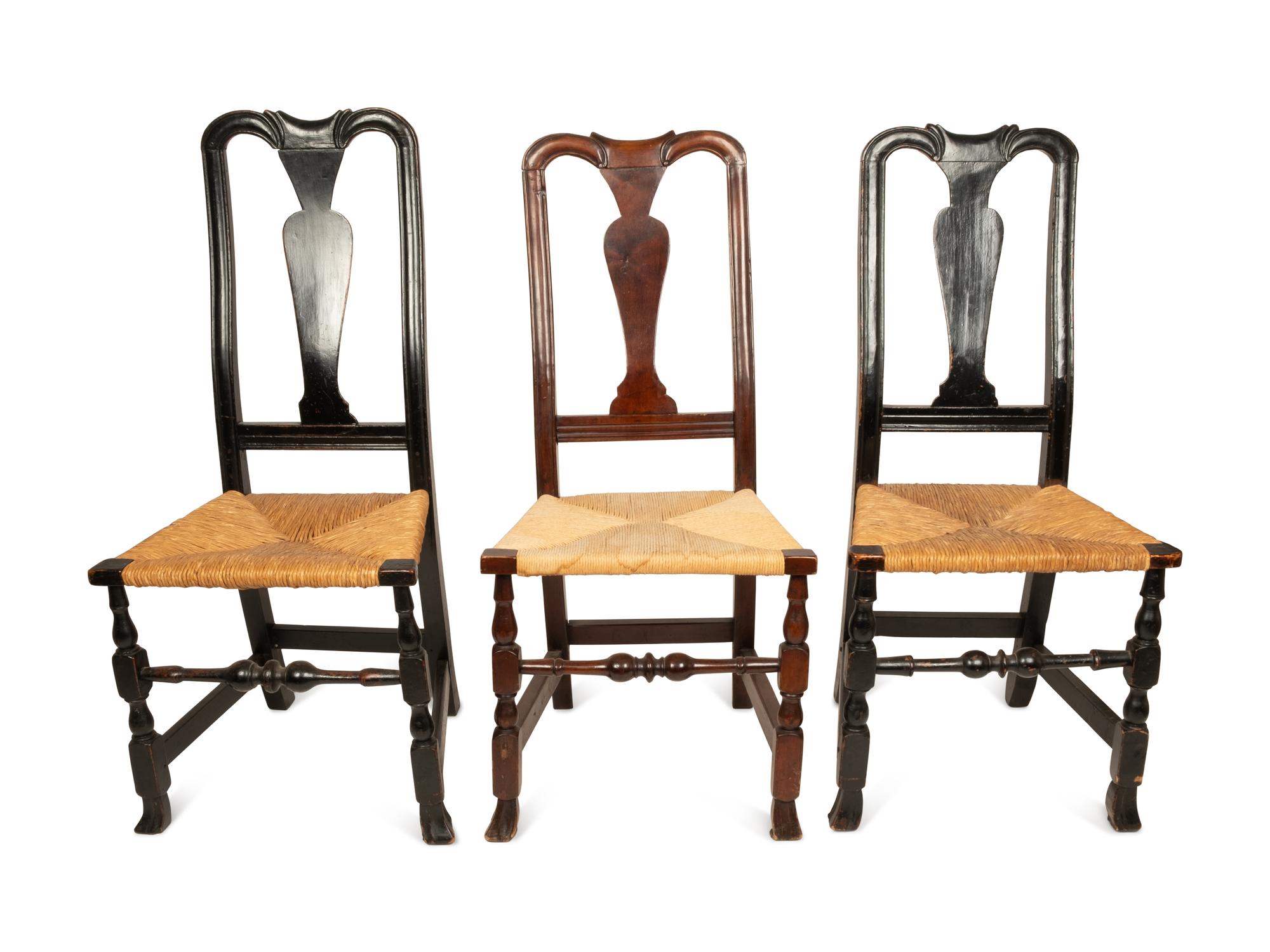 Three William and Mary Turned and Carved Rush-Seat Spanish-Foot Side Chairs