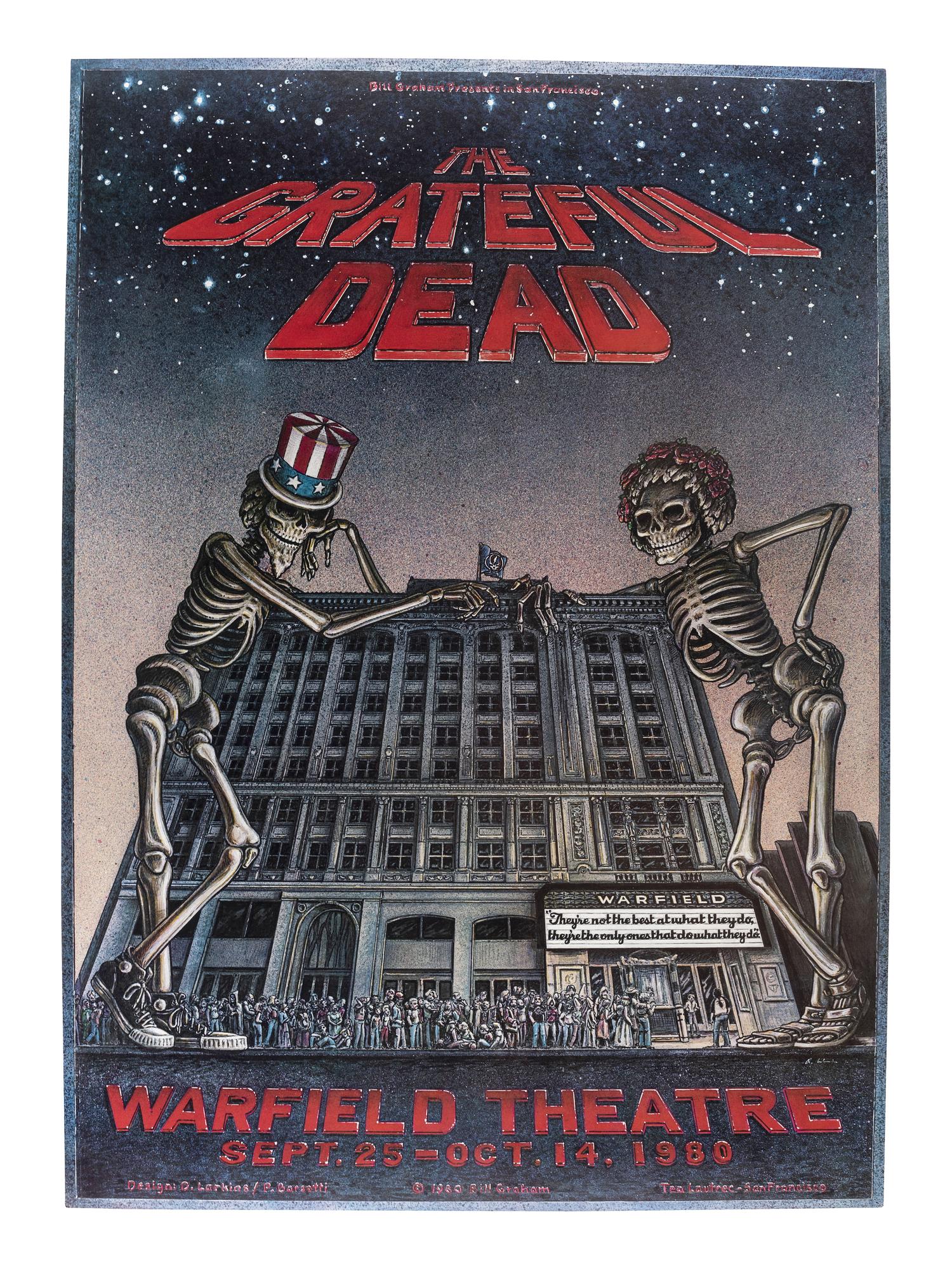 [MUSIC] -- [POSTERS]. LARKINS, Dennis, and BARSOTTI, Peter, artists. A group of 2 Grateful Dead posters promoting shows at the Warfield Theater and Radio City Music Hall (UNCUT) in 1980.