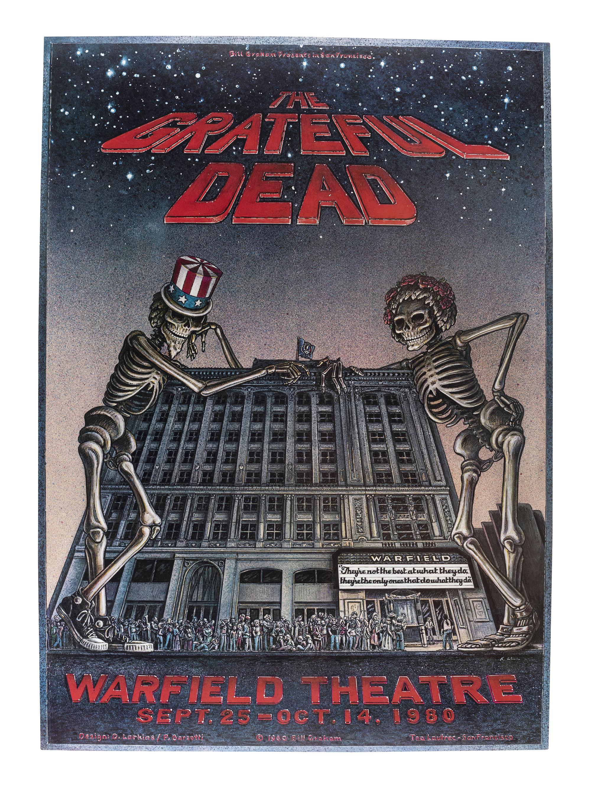 [MUSIC] -- [POSTERS]. LARKINS, Dennis, and BARSOTTI, Peter, artists. A group of 2 Grateful Dead posters promoting shows at the Warfield Theater and Radio City Music Hall (UNCUT) in 1980.