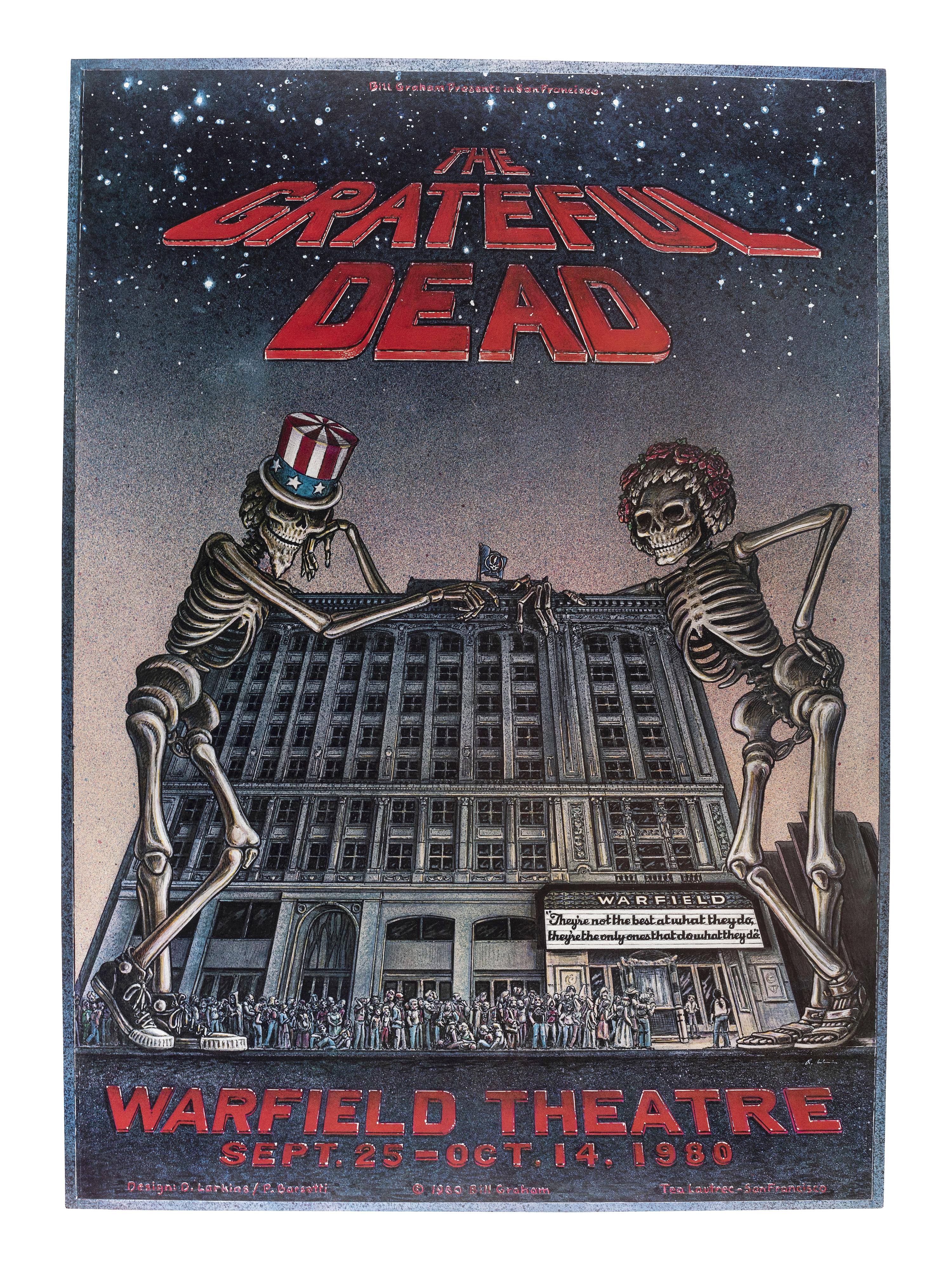 [MUSIC] -- [POSTERS]. LARKINS, Dennis, and BARSOTTI, Peter, artists. A group of 2 Grateful Dead posters promoting shows at the Warfield Theater and Radio City Music Hall (UNCUT) in 1980.