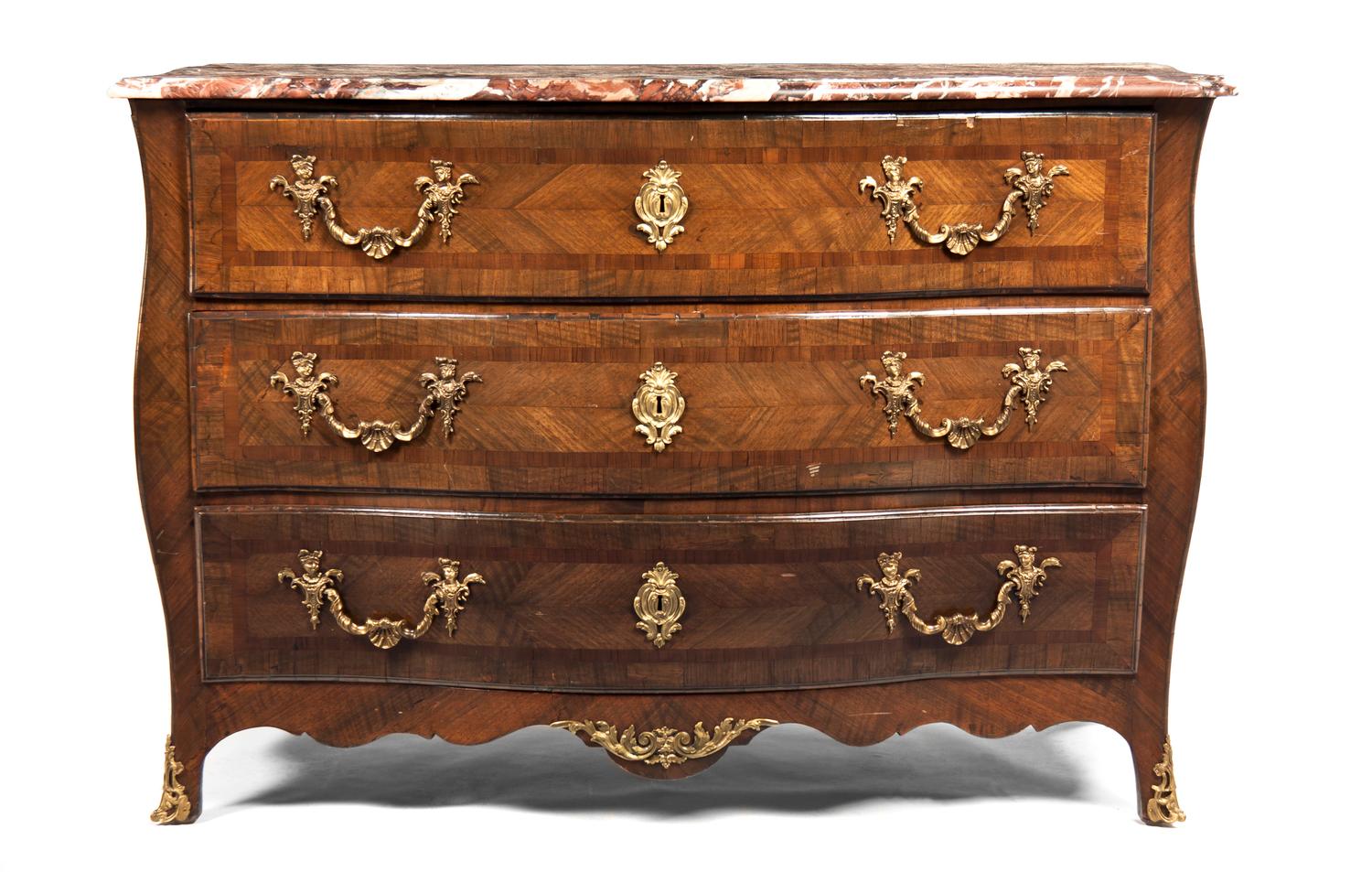 A Louis XV Style Bookmatch Veneered and Gilt Metal Mounted Commode, Height 35 x width 49 x depth 25 inches.