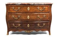 A Louis XV Style Bookmatch Veneered and Gilt Metal Mounted Commode, Height 35 x width 49 x depth 25 inches.