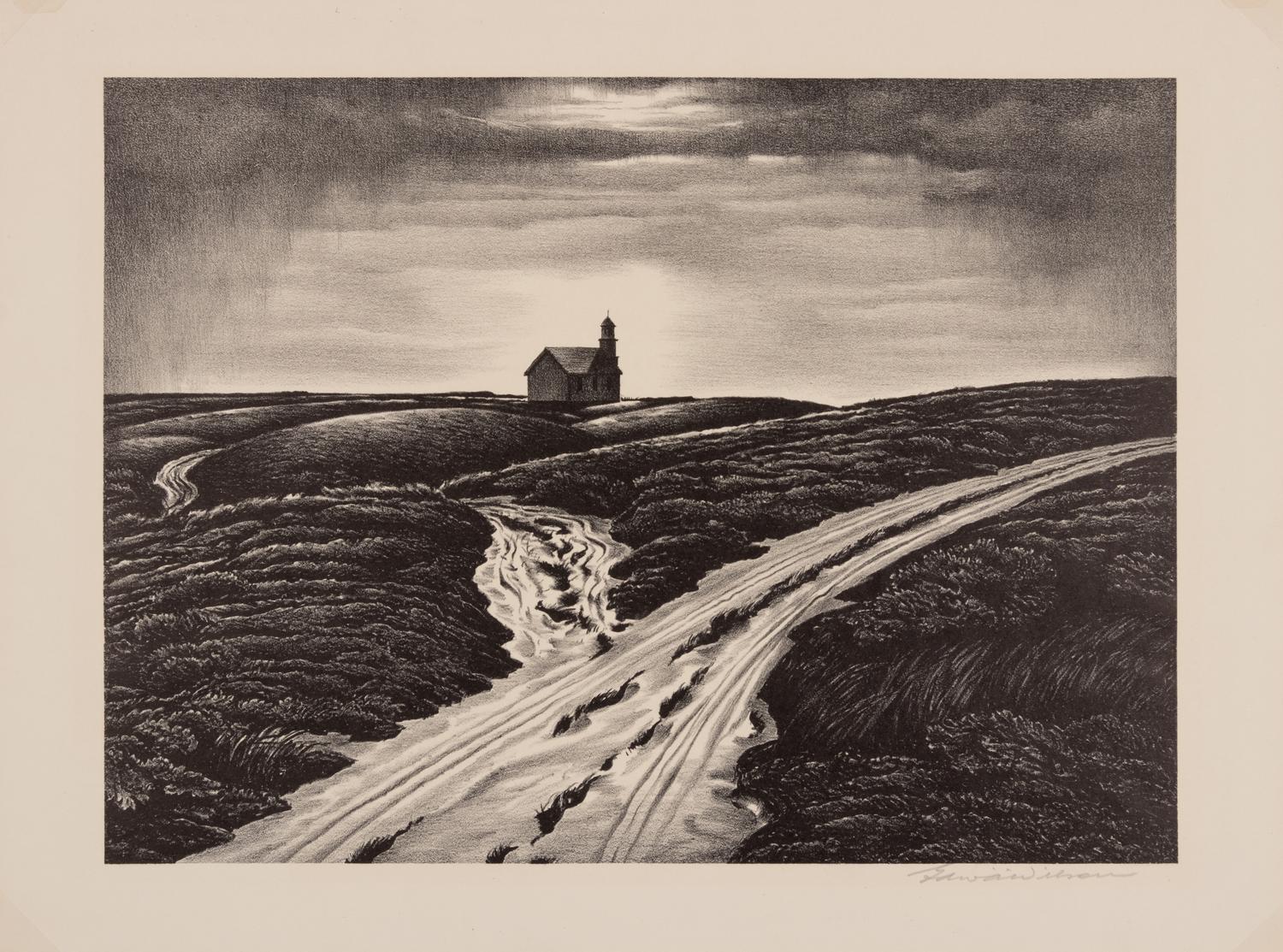 A group of four American prints (Philip Cheney, Sweet Water ; Fred Shane, Farm in the Rockies ; Lynd Ward, The Corral - Tres Cumbres ; Edward A. Wilson, Hog Back Meeting House )