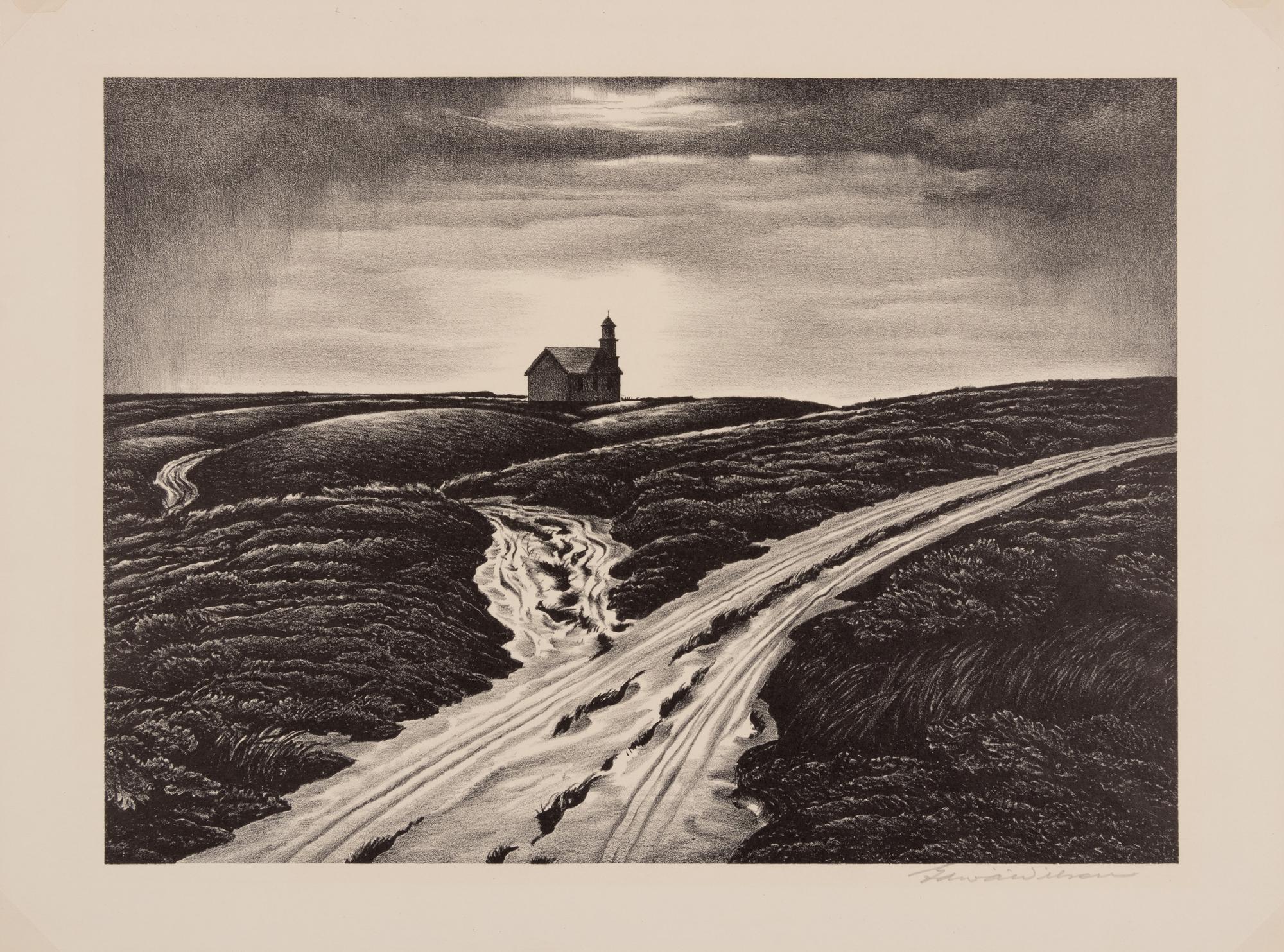 A group of four American prints (Philip Cheney, Sweet Water ; Fred Shane, Farm in the Rockies ; Lynd Ward, The Corral - Tres Cumbres ; Edward A. Wilson, Hog Back Meeting House )
