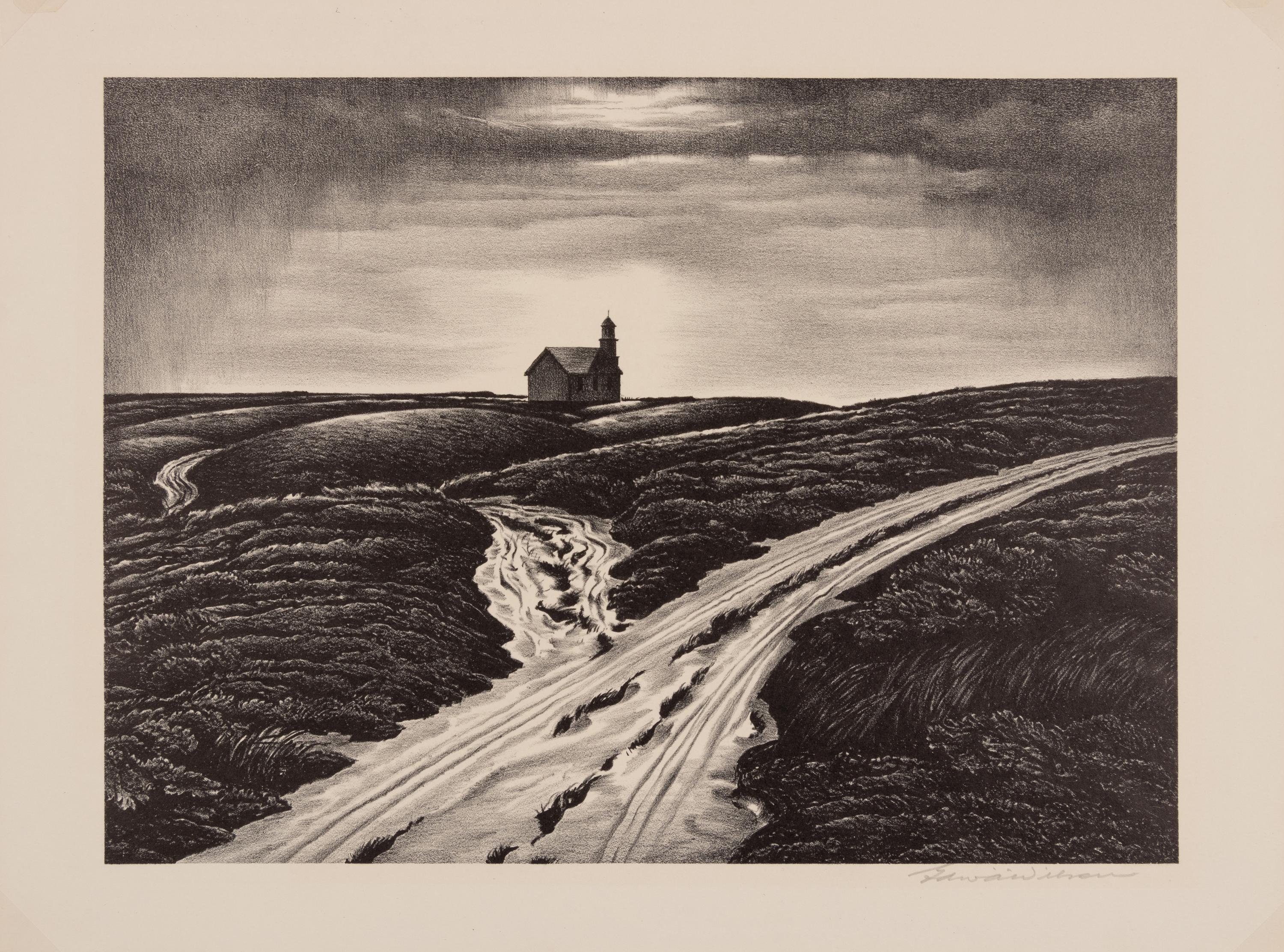 A group of four American prints (Philip Cheney, Sweet Water ; Fred Shane, Farm in the Rockies ; Lynd Ward, The Corral - Tres Cumbres ; Edward A. Wilson, Hog Back Meeting House )