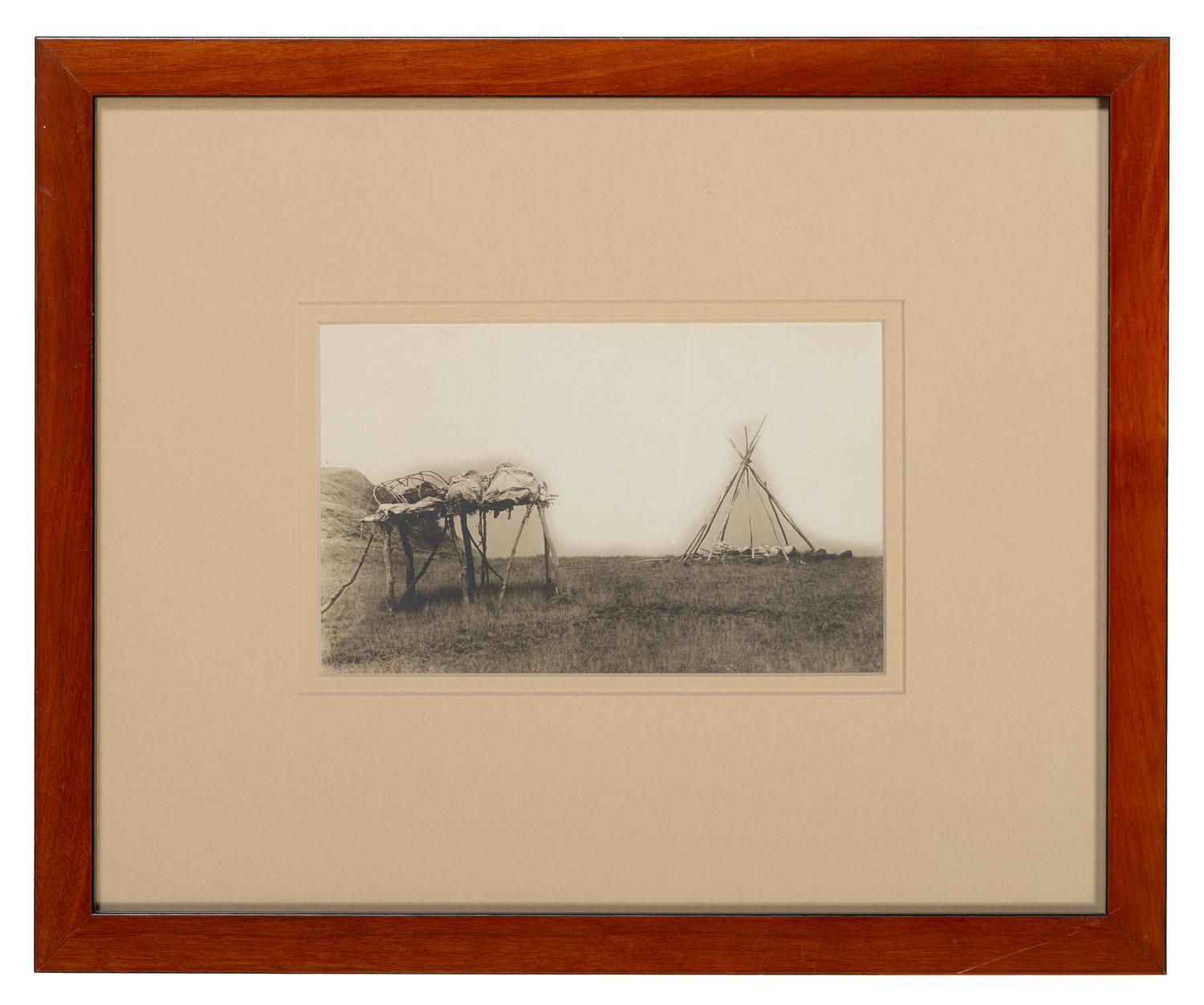 BARRY, David F. (1854-1934), photographer. Photograph of an Indian funeral scaffold with a tipi frame.