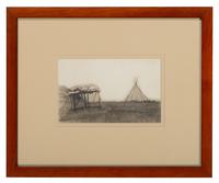 BARRY, David F. (1854-1934), photographer. Photograph of an Indian funeral scaffold with a tipi frame.