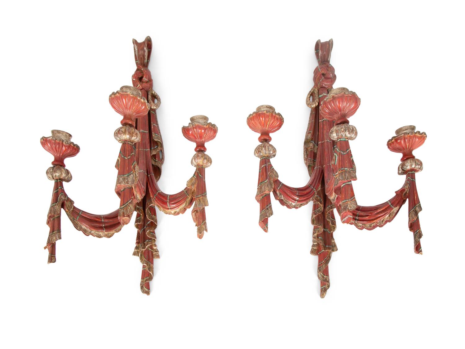 A Pair of Venetian Style Painted and Silver-Gilt Wood Three-Light Sconces