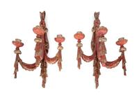 A Pair of Venetian Style Painted and Silver-Gilt Wood Three-Light Sconces