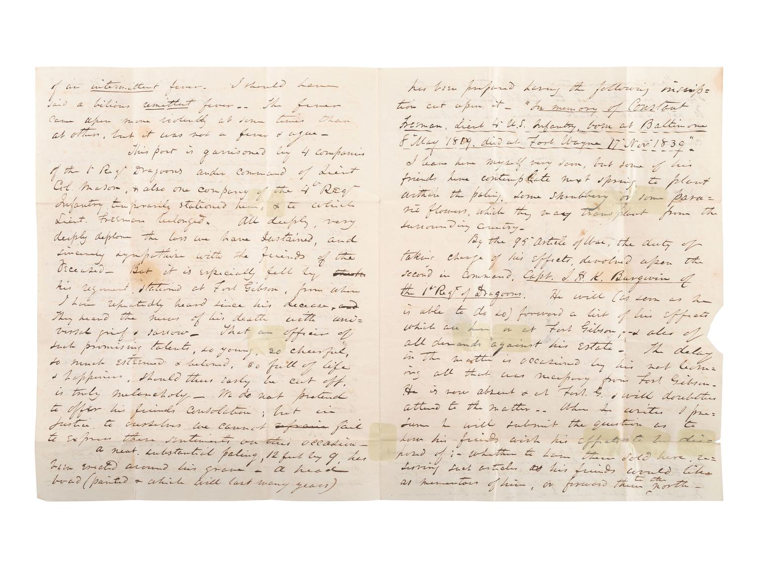 [MILITARIA]. Letter written from Fort Wayne discussing loss of an officer. Arkansas, 5 Dec. 1839.