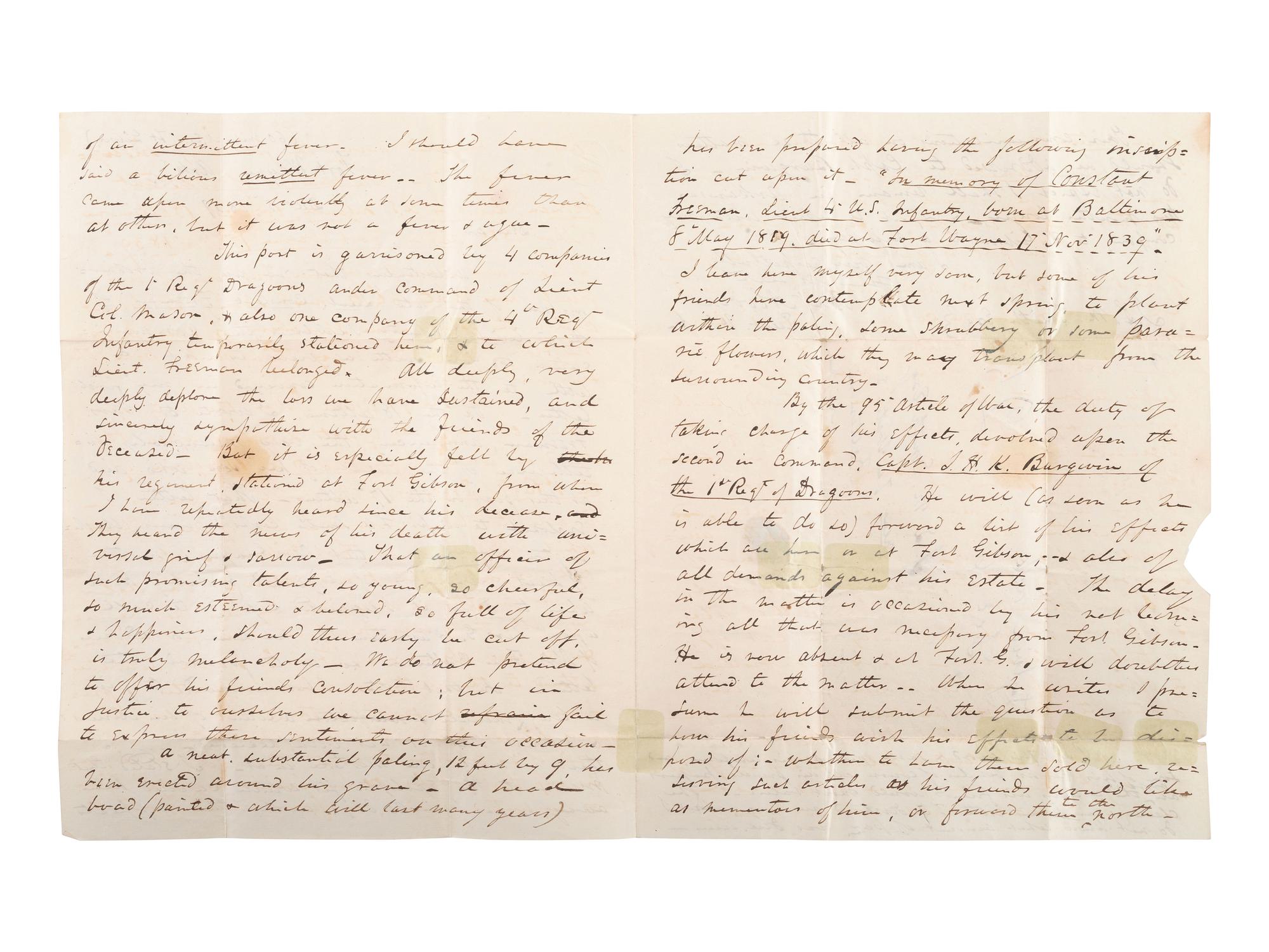 [MILITARIA]. Letter written from Fort Wayne discussing loss of an officer. Arkansas, 5 Dec. 1839.