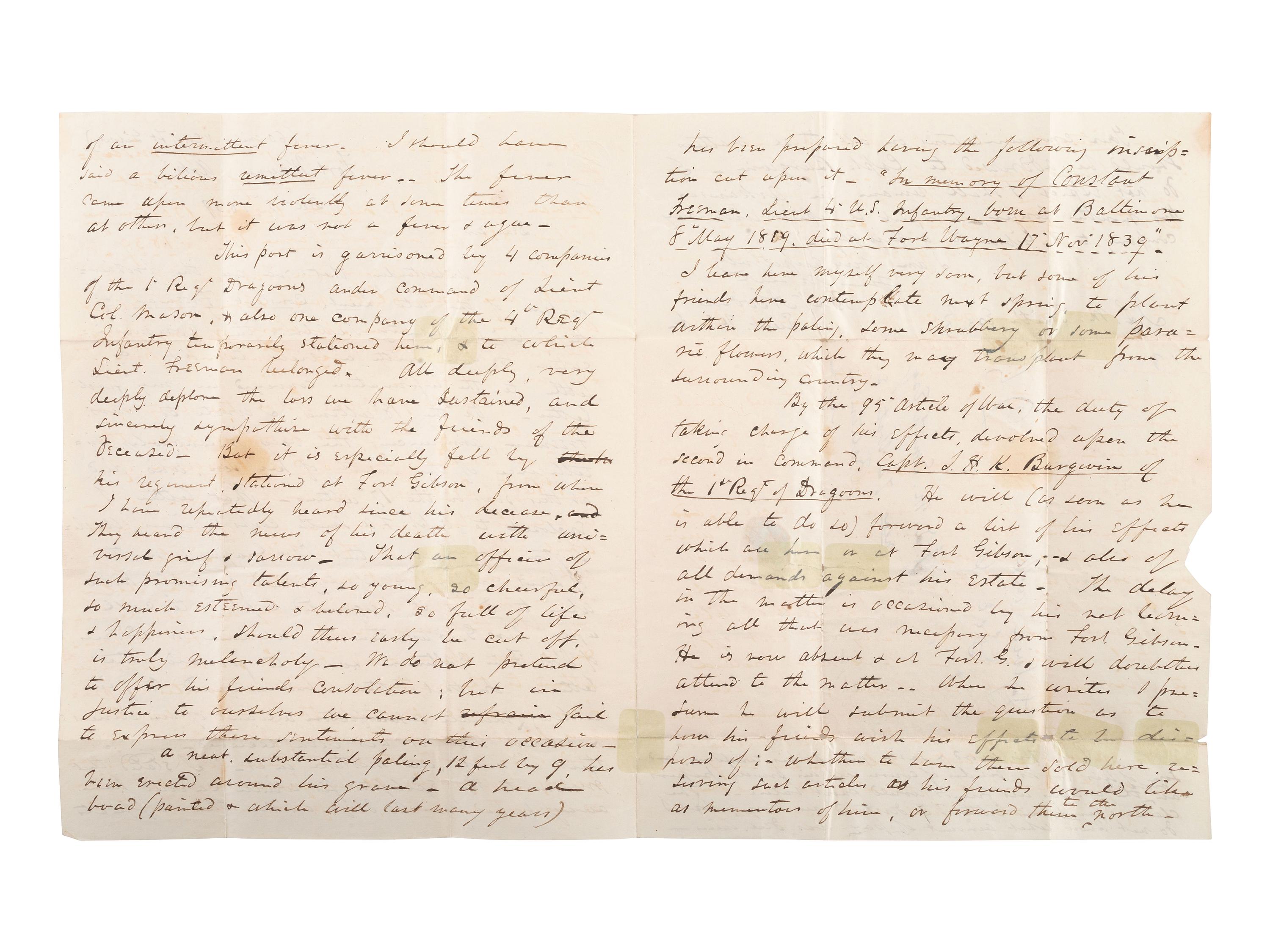 [MILITARIA]. Letter written from Fort Wayne discussing loss of an officer. Arkansas, 5 Dec. 1839.