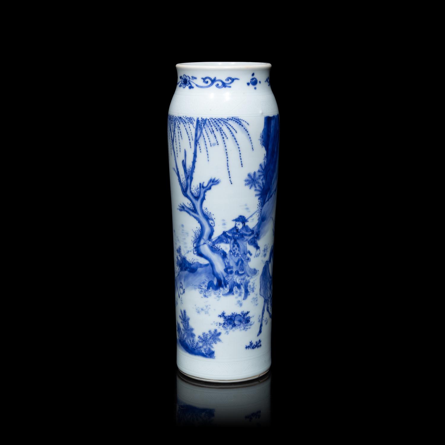 A Chinese Blue and White Porcelain Cylindrical Vase, Transitional Period, 17th Century 明末清初 青花人物故事圖筒瓶