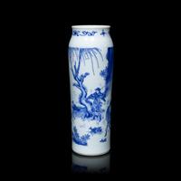 A Chinese Blue and White Porcelain Cylindrical Vase, Transitional Period, 17th Century 明末清初 青花人物故事圖筒瓶