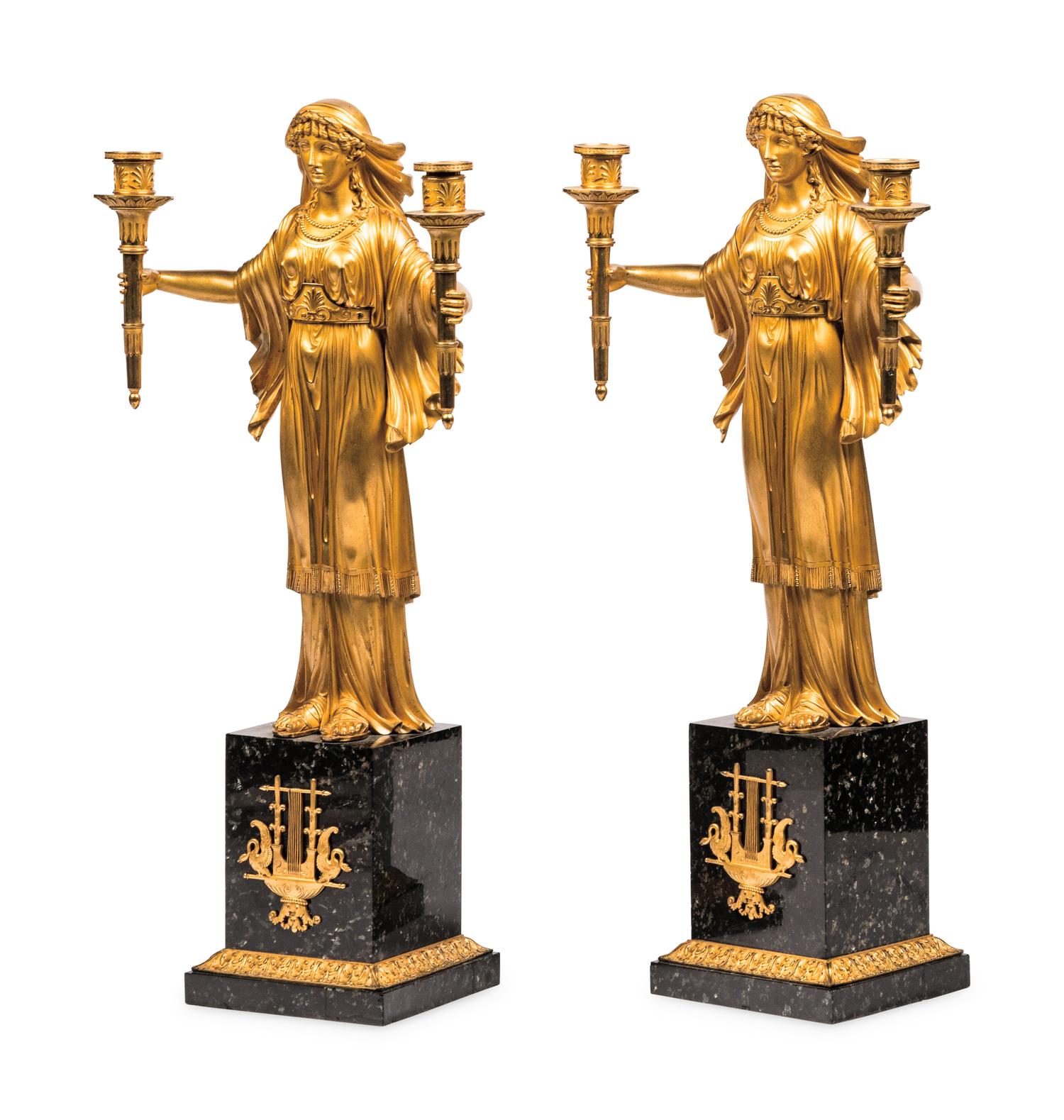 A Pair of Restauration Ormolu and Marble Figural Candelabra
