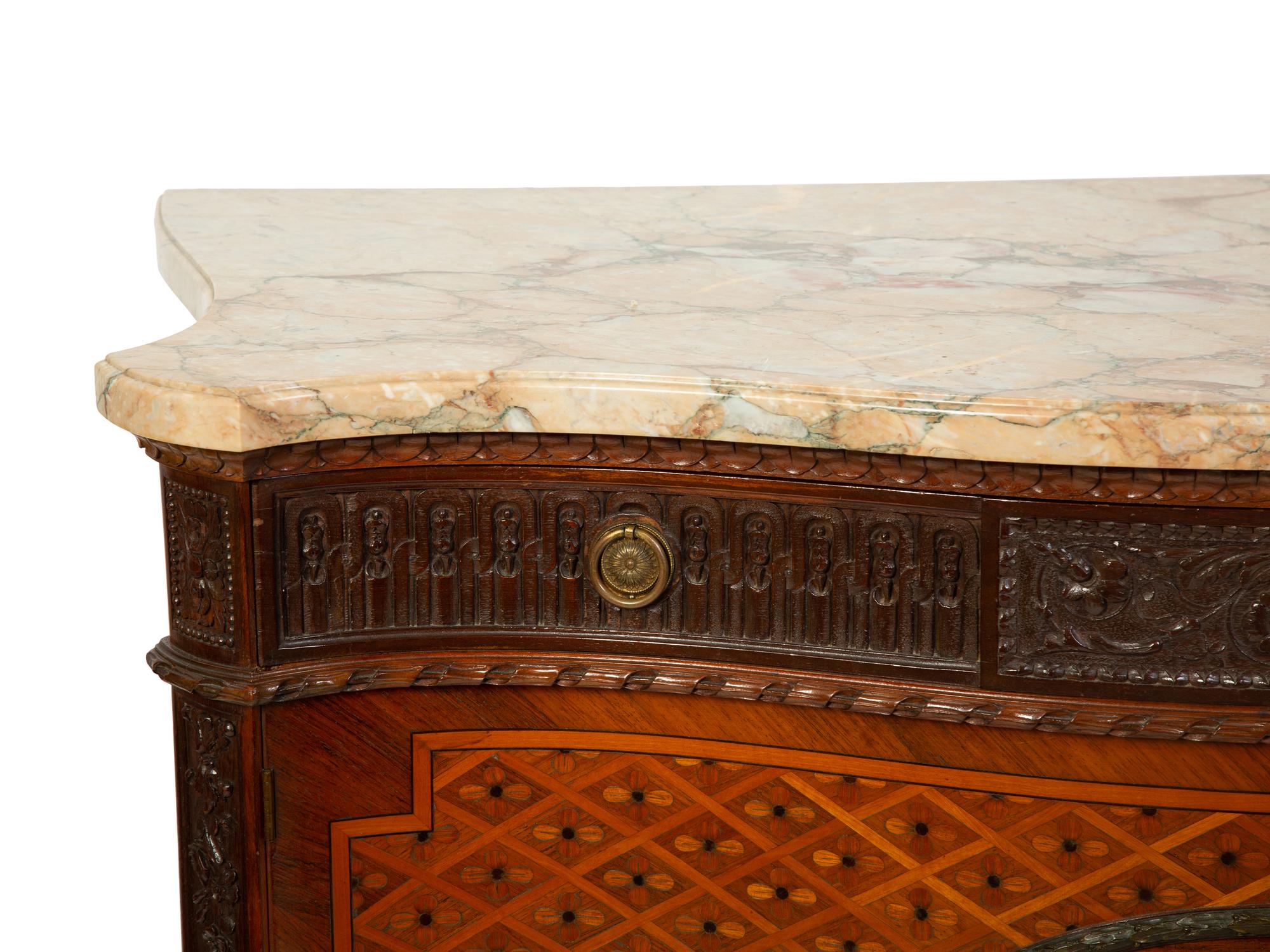 A Louis XVI Style Marquetry Inlaid Marble Top Cabinet — EARLY 20TH CENTURY
