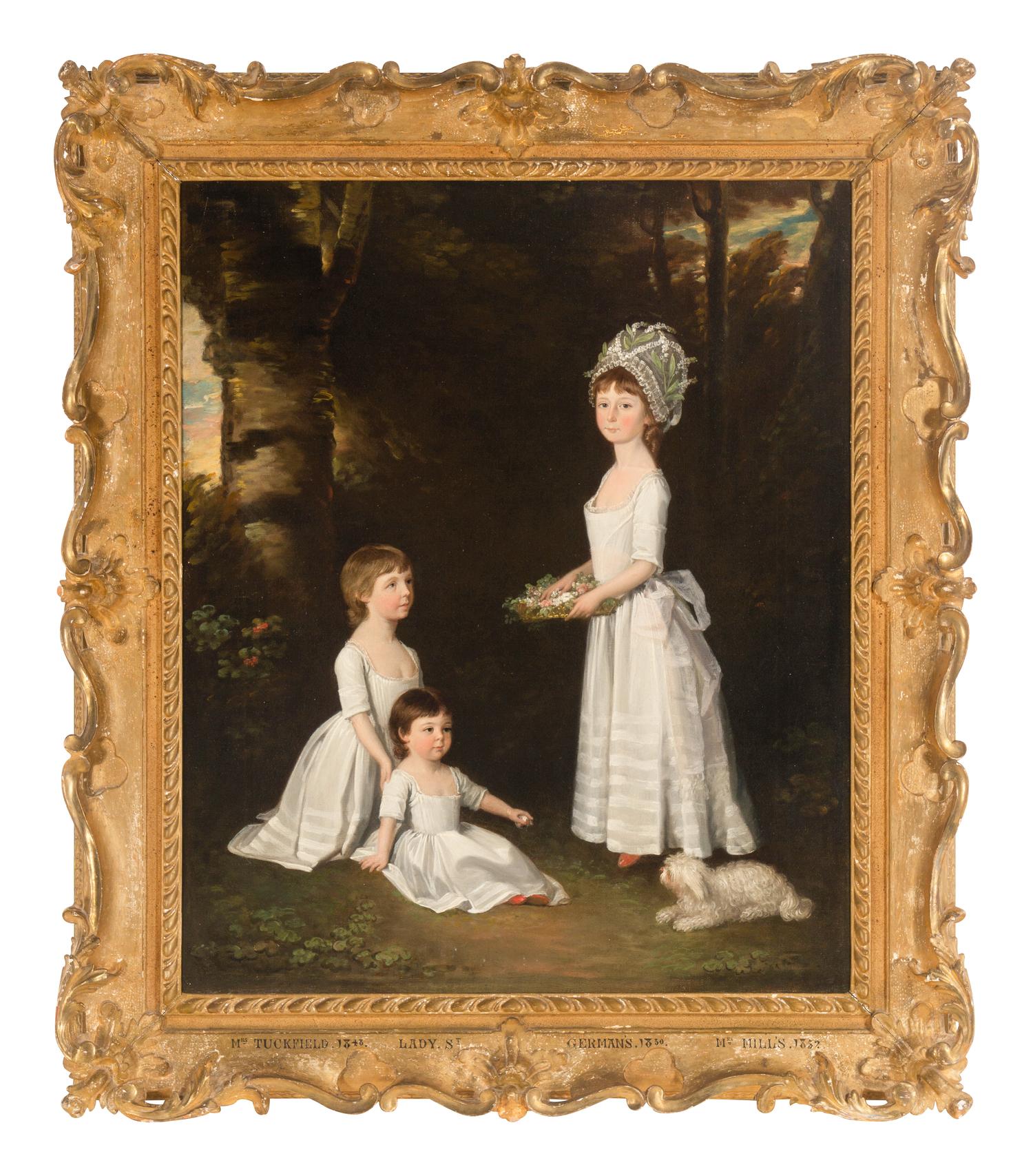 Group Portrait of Catherine, Charlotte, and Susan Mordaunt, daughters of Sir John Mordaunt, 7th Bt., small full-length, in white dresses, with a dog in a wood