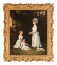 Group Portrait of Catherine, Charlotte, and Susan Mordaunt, daughters of Sir John Mordaunt, 7th Bt., small full-length, in white dresses, with a dog in a wood