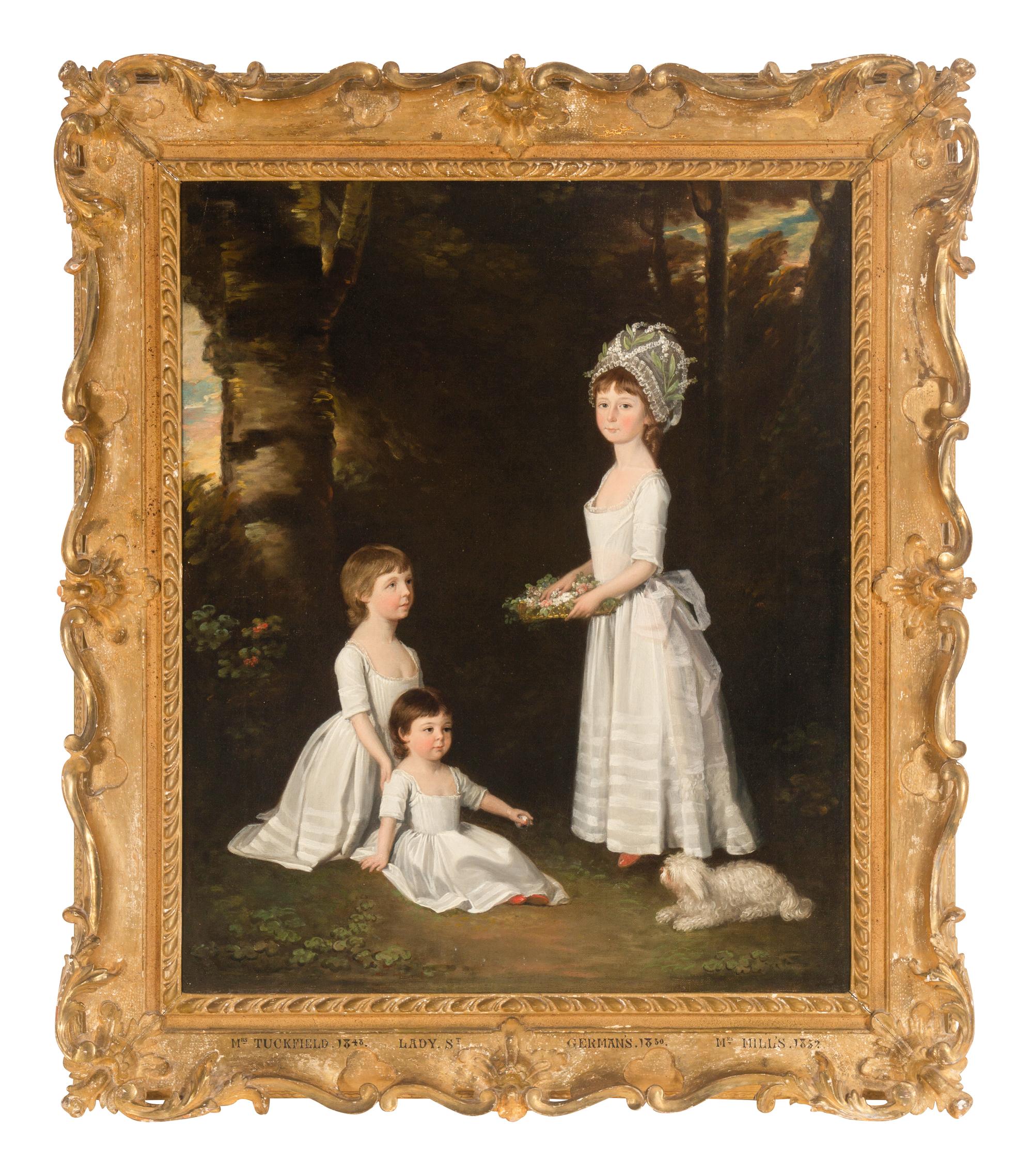 Group Portrait of Catherine, Charlotte, and Susan Mordaunt, daughters of Sir John Mordaunt, 7th Bt., small full-length, in white dresses, with a dog in a wood