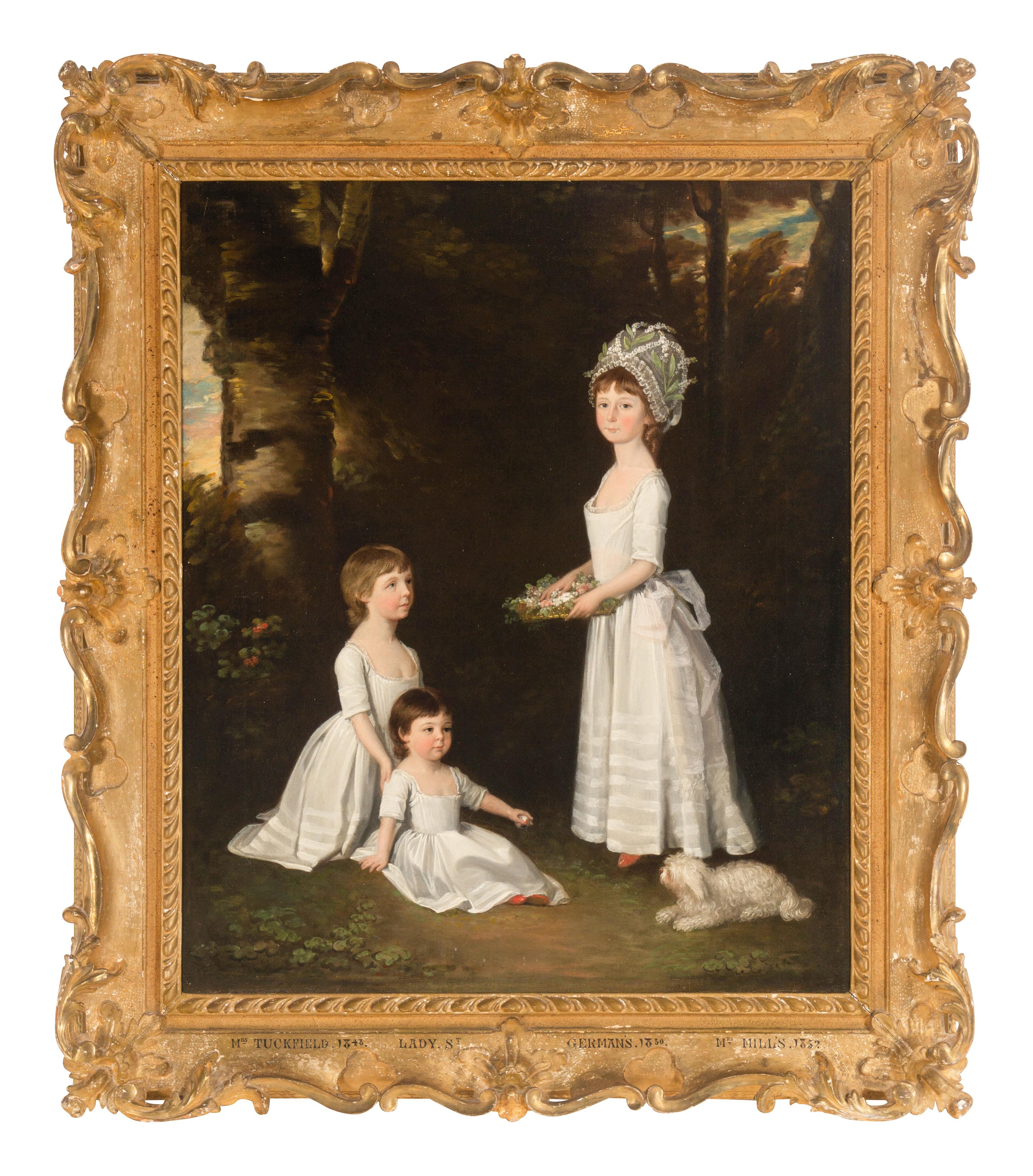 Group Portrait of Catherine, Charlotte, and Susan Mordaunt, daughters of Sir John Mordaunt, 7th Bt., small full-length, in white dresses, with a dog in a wood
