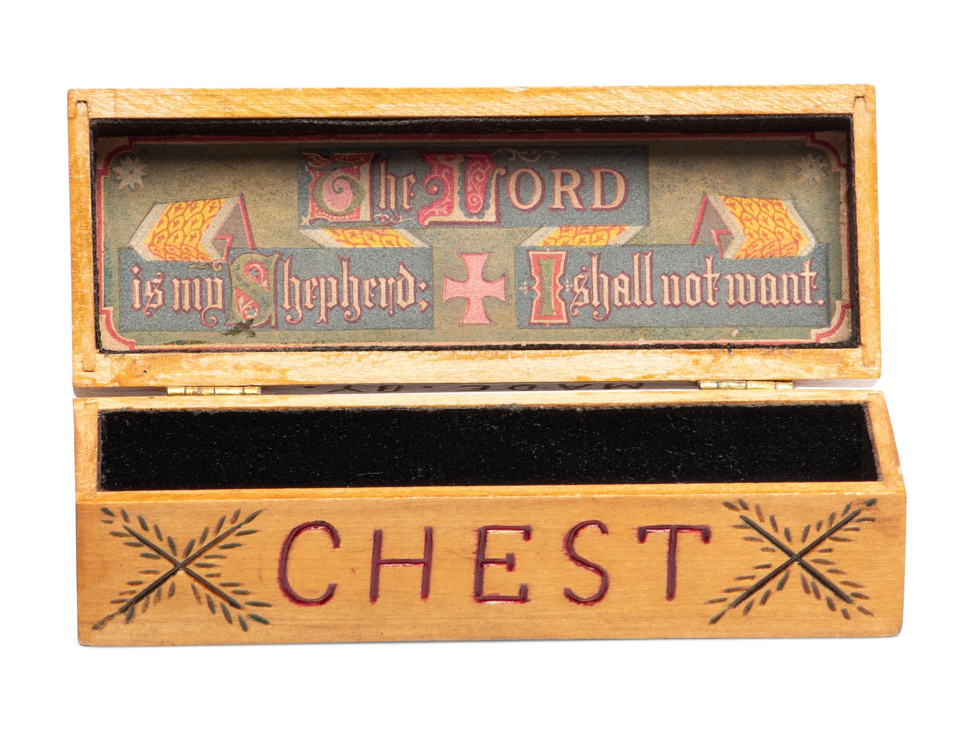 A Carved and Painted Wood Valuables Box with Masonic Interest