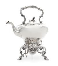 A Victorian Silver Water Kettle on Stand, T. J. & N. Creswick, Sheffield, 1849, the lid with a blossom finial, the lamp stand with a pi