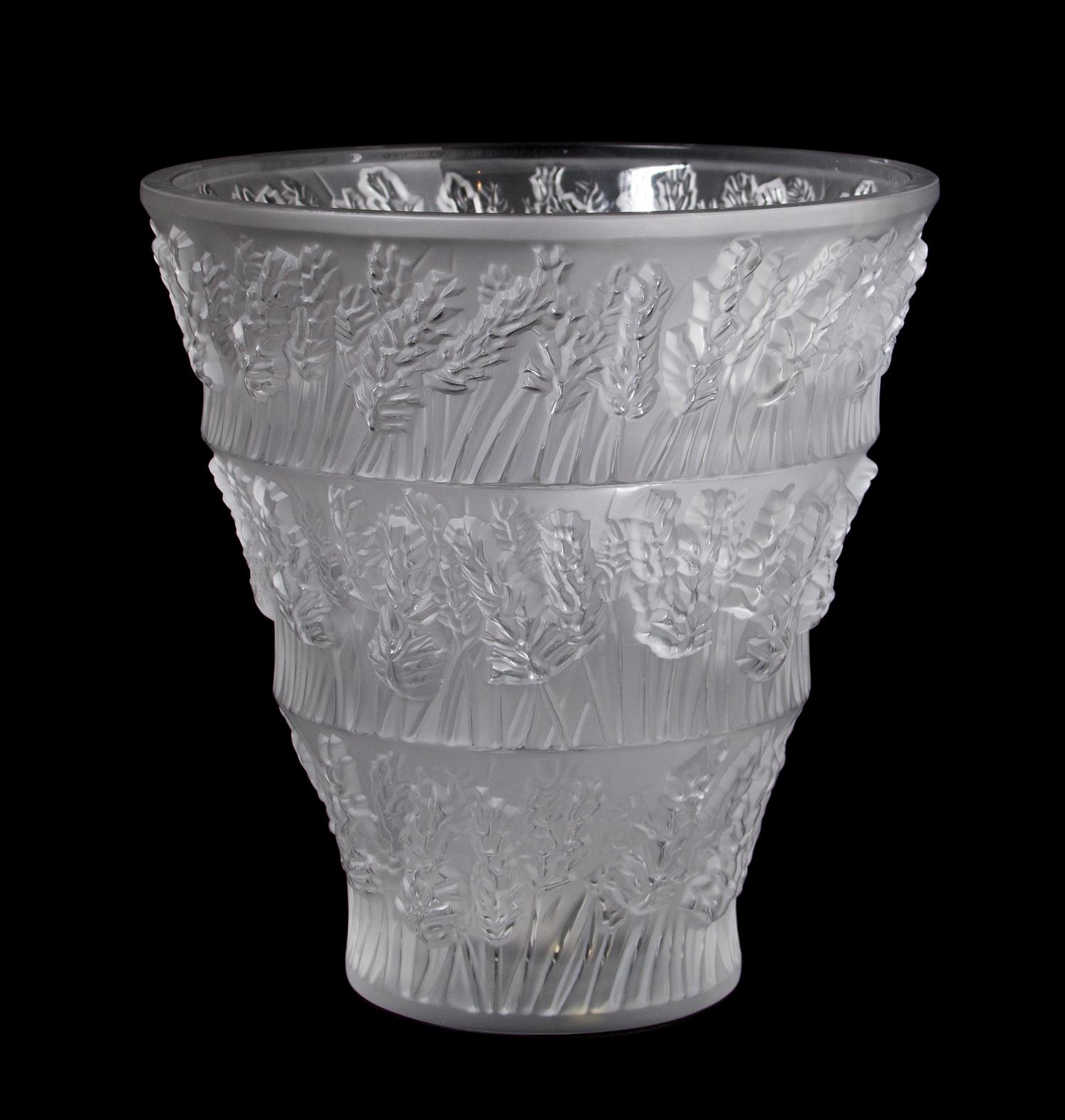 A Lalique Molded and Frosted Glass Vase, Height 9 5/8 inches.
