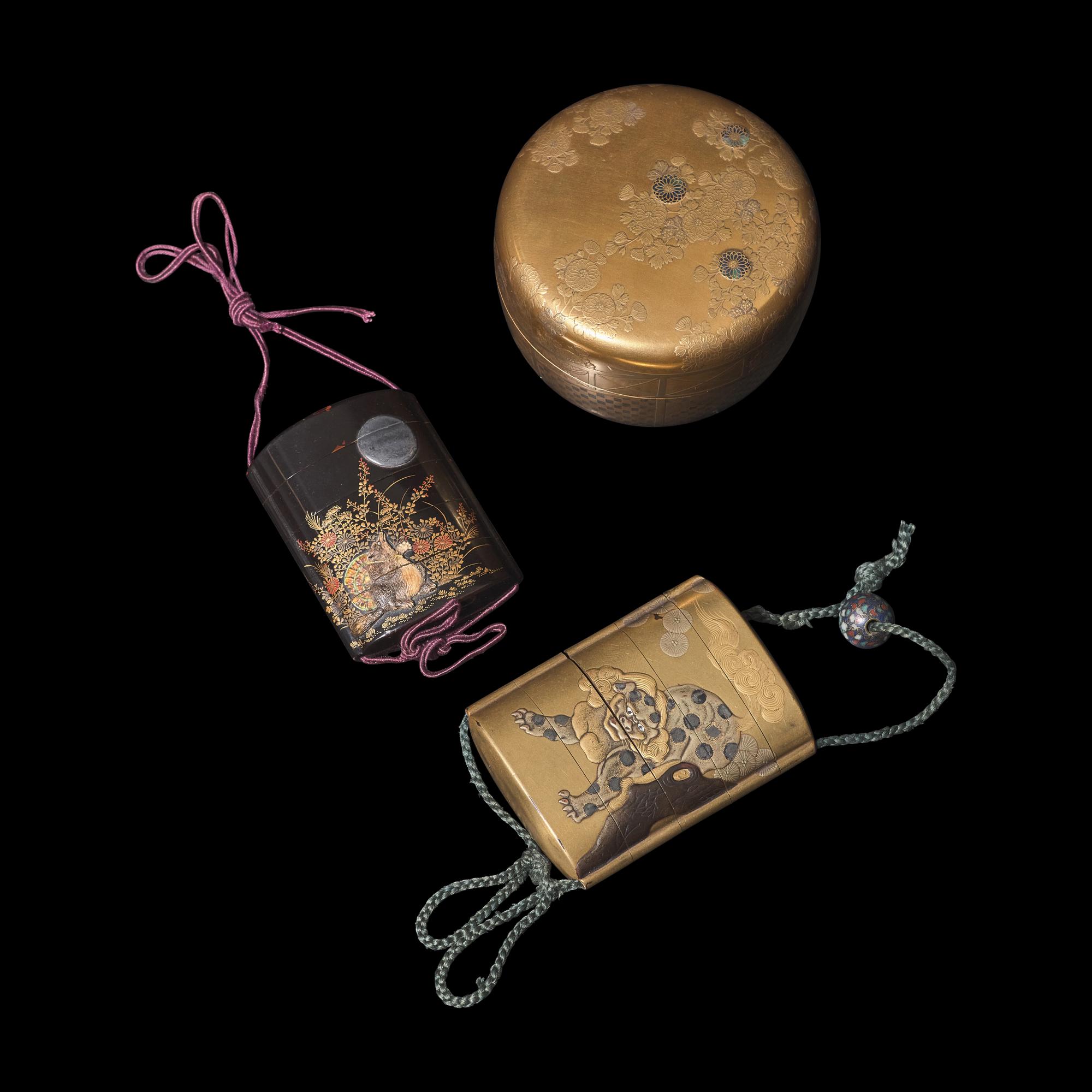 A Japanese Gold Lacquer Natsume , and two Lacquer Inro , 19th Century