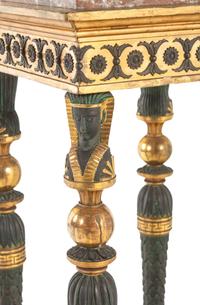 A Pair of Baltic Patinated Metal Mounted Painted and Parcel-Gilt Marble-Top Pedestals