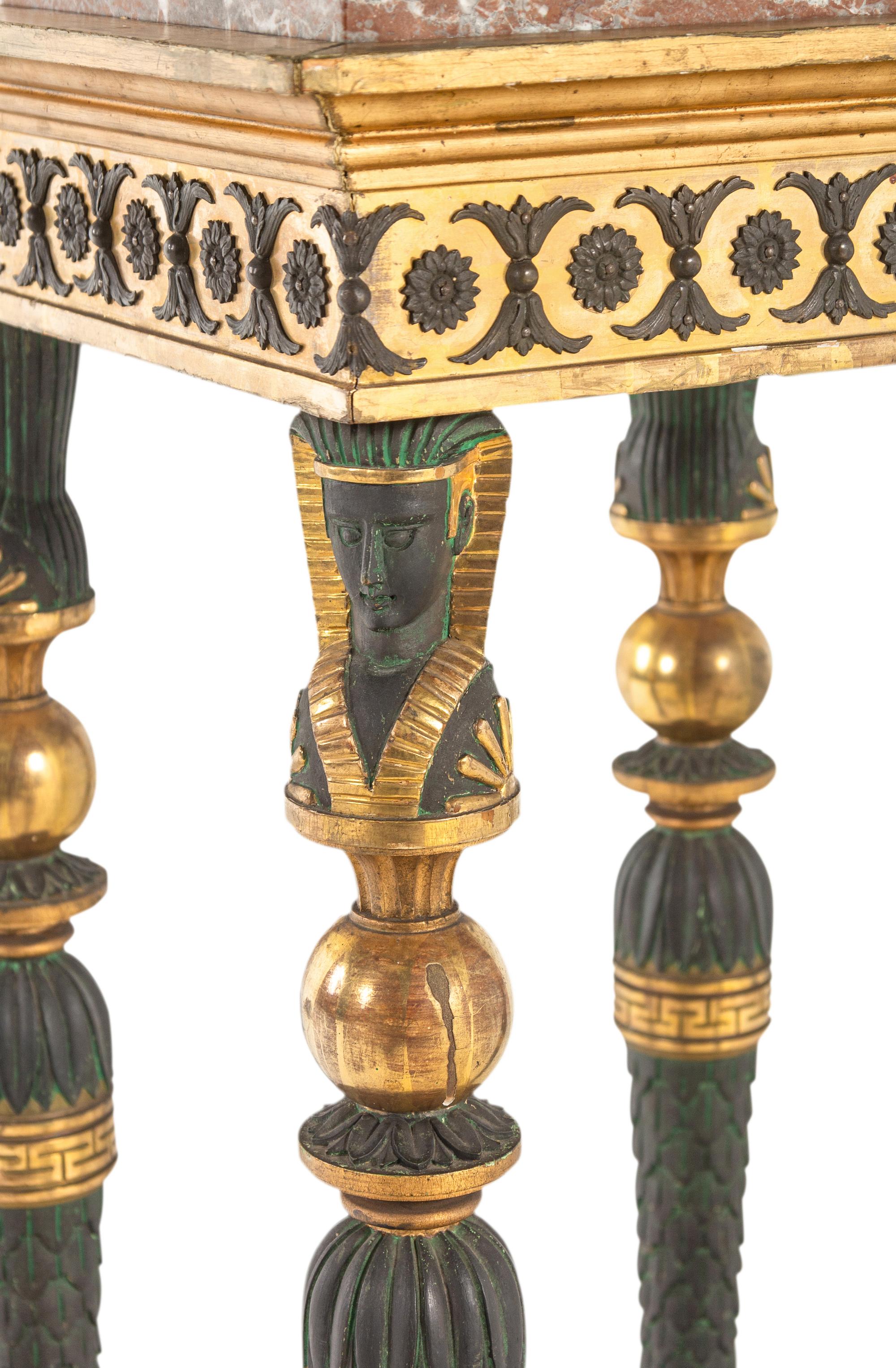 A Pair of Baltic Patinated Metal Mounted Painted and Parcel-Gilt Marble-Top Pedestals