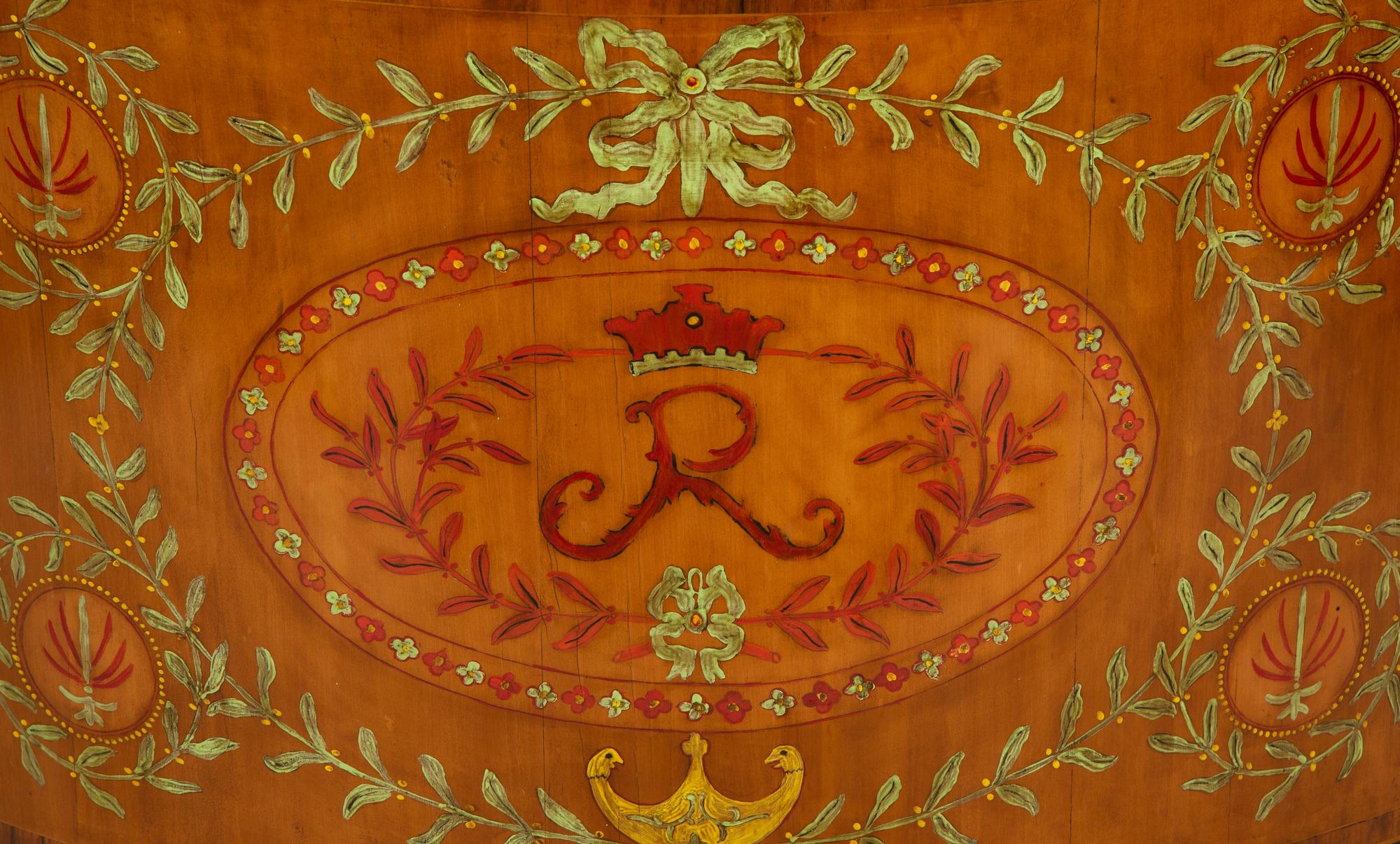 A Pair of Adam Style Painted Parcel Gilt and Marquetry Inlaid Demilune Commodes