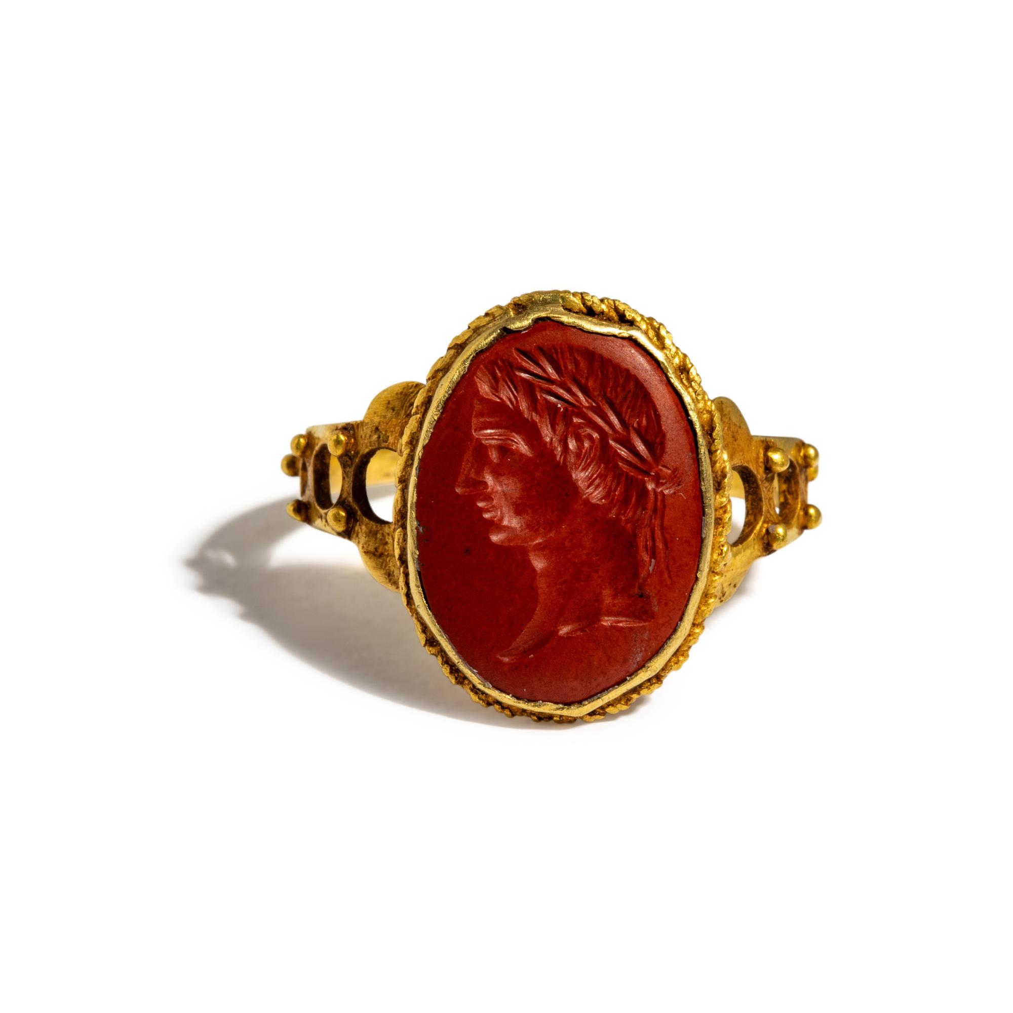 A Roman Red Jasper Ring Stone with a Portrait Head of a Roman Emperor — Set in a Victorian gold ring