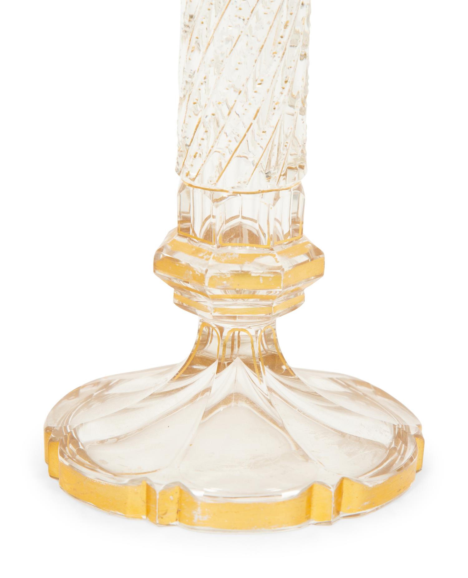 A Pair of French Gilt Decorated Cut Glass Candlesticks