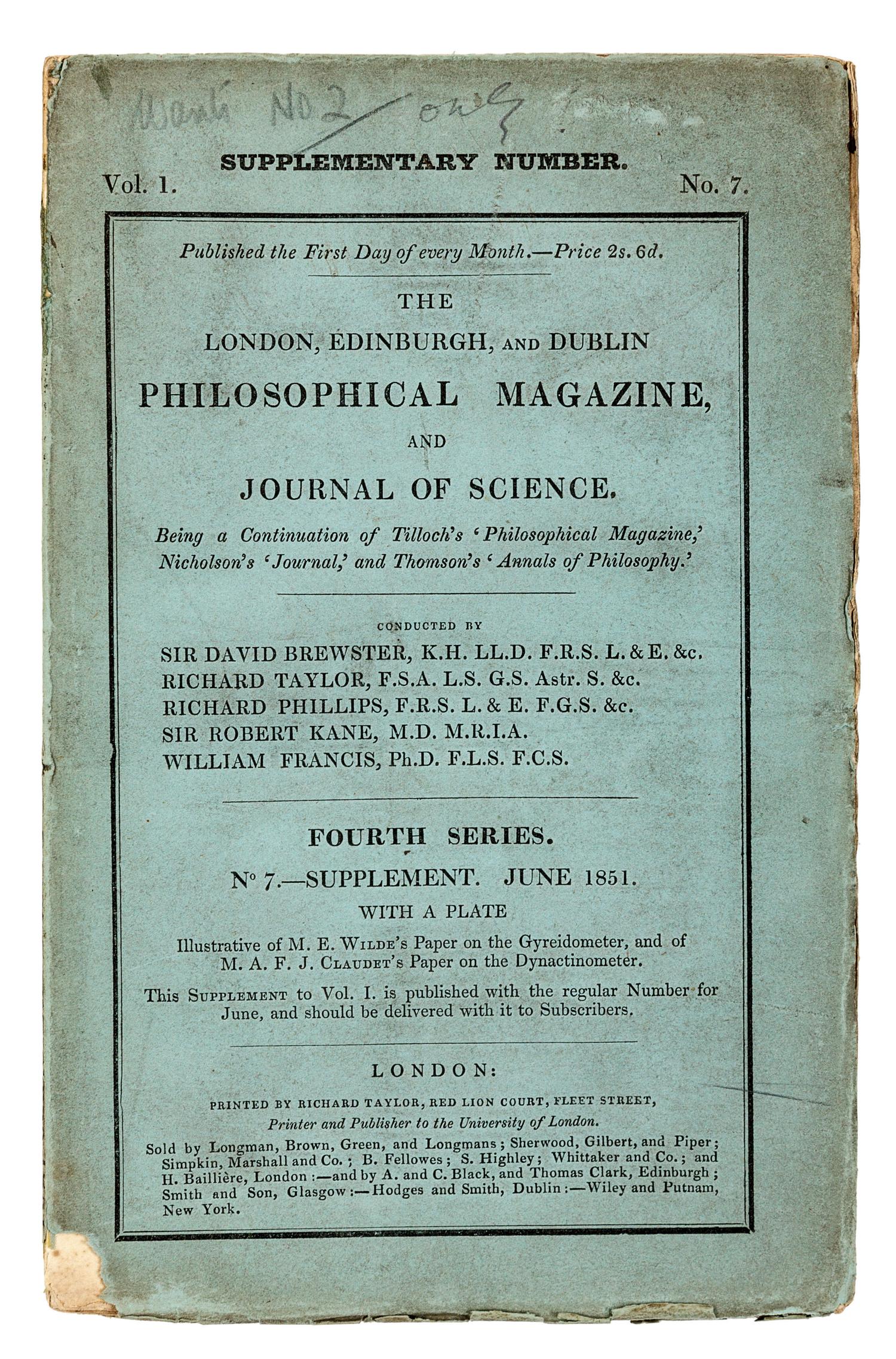 BOOLE, George (1815-1864). “On the Theory of Probabilities, and in Particular on Mitchell’s Problem of the Distribution of the Fixed Stars.” In: The London, Edinburgh, and Dublin Philosophical Magazine , Vol. 1, Series 4, No. 7 (Supplement), pp. 521-30. London: Richard Taylor, 1851.