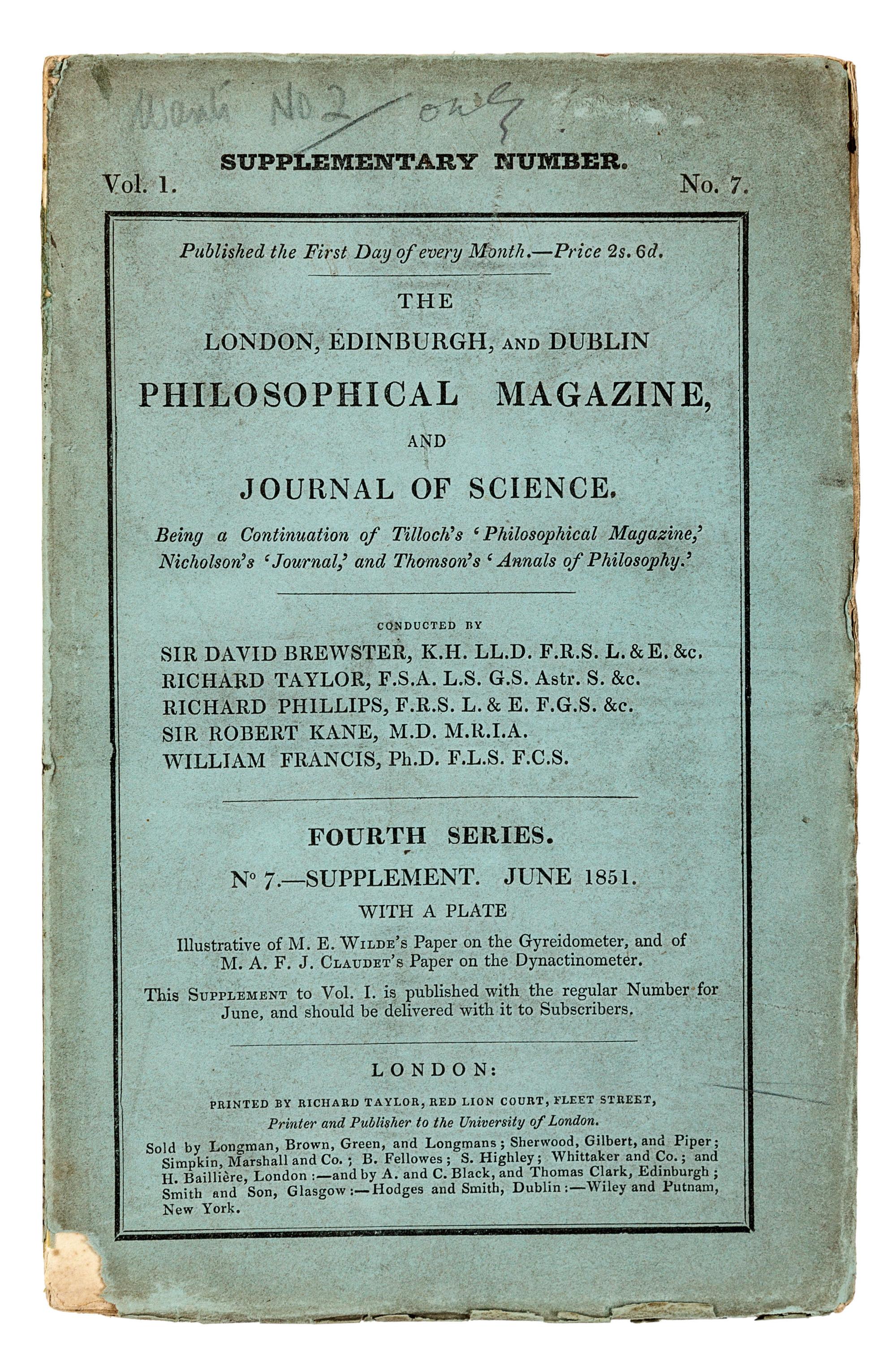 BOOLE, George (1815-1864). “On the Theory of Probabilities, and in Particular on Mitchell’s Problem of the Distribution of the Fixed Stars.” In: The London, Edinburgh, and Dublin Philosophical Magazine , Vol. 1, Series 4, No. 7 (Supplement), pp. 521-30. London: Richard Taylor, 1851.
