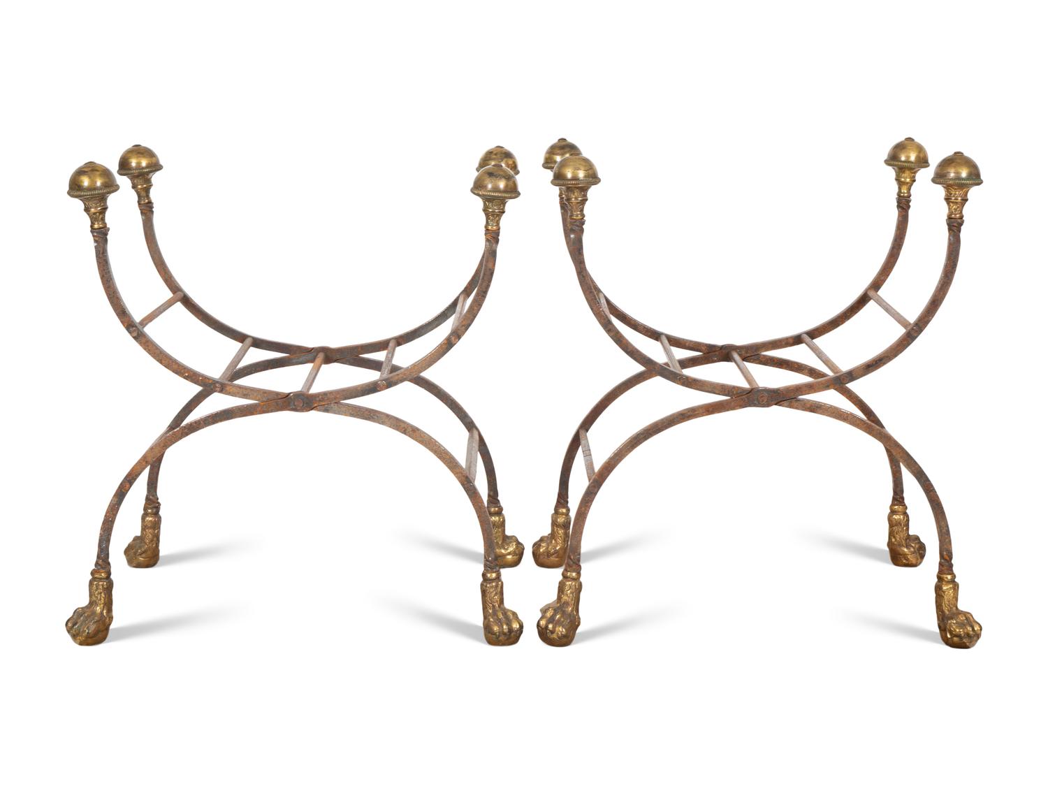 A Pair of Contemporary Curule-form Wrought Iron and Brass Stools
