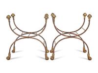 A Pair of Contemporary Curule-form Wrought Iron and Brass Stools